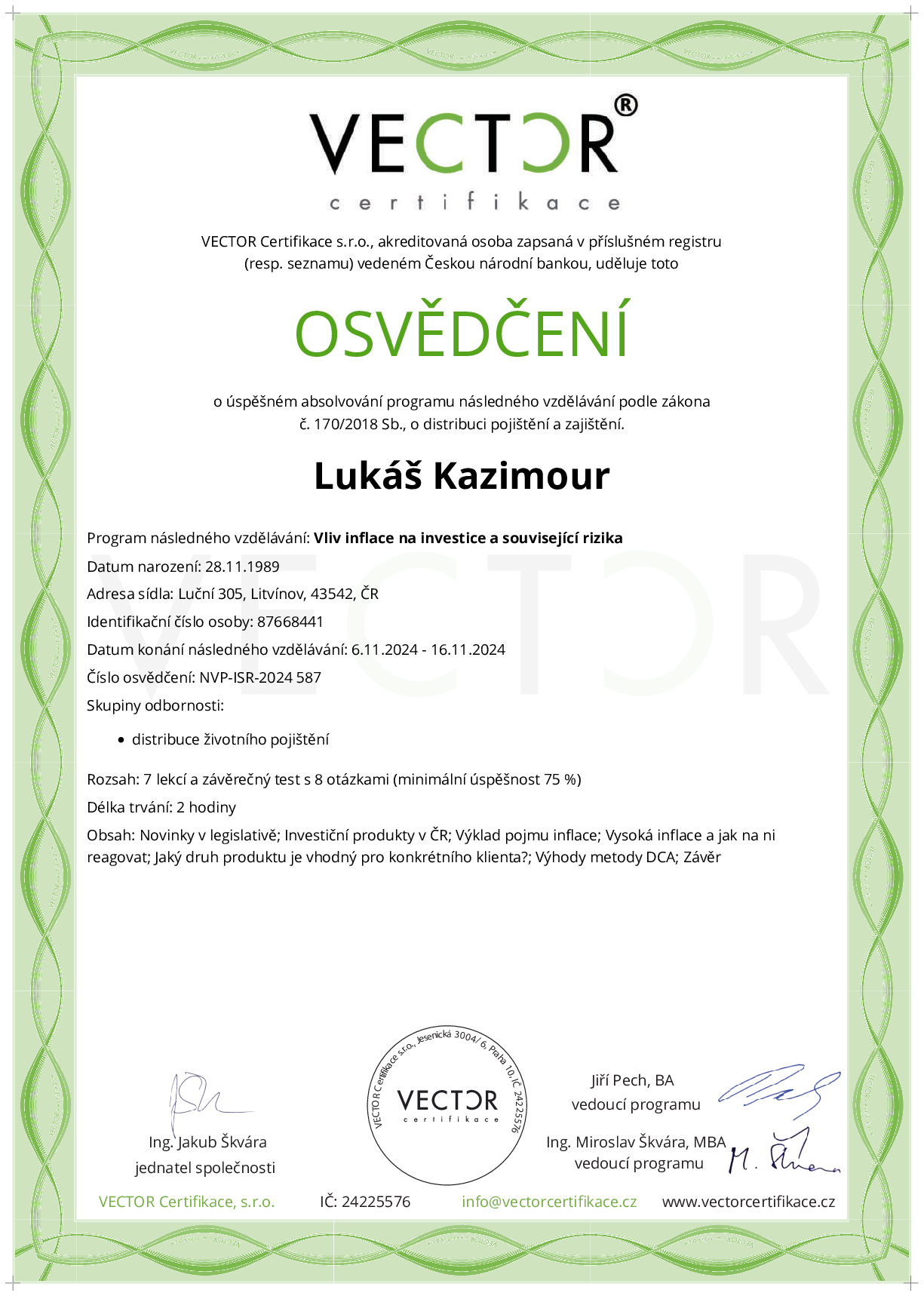 Osvědčení kurzu: Vliv inflace na investice a související rizika (NVP-ISR-2024)