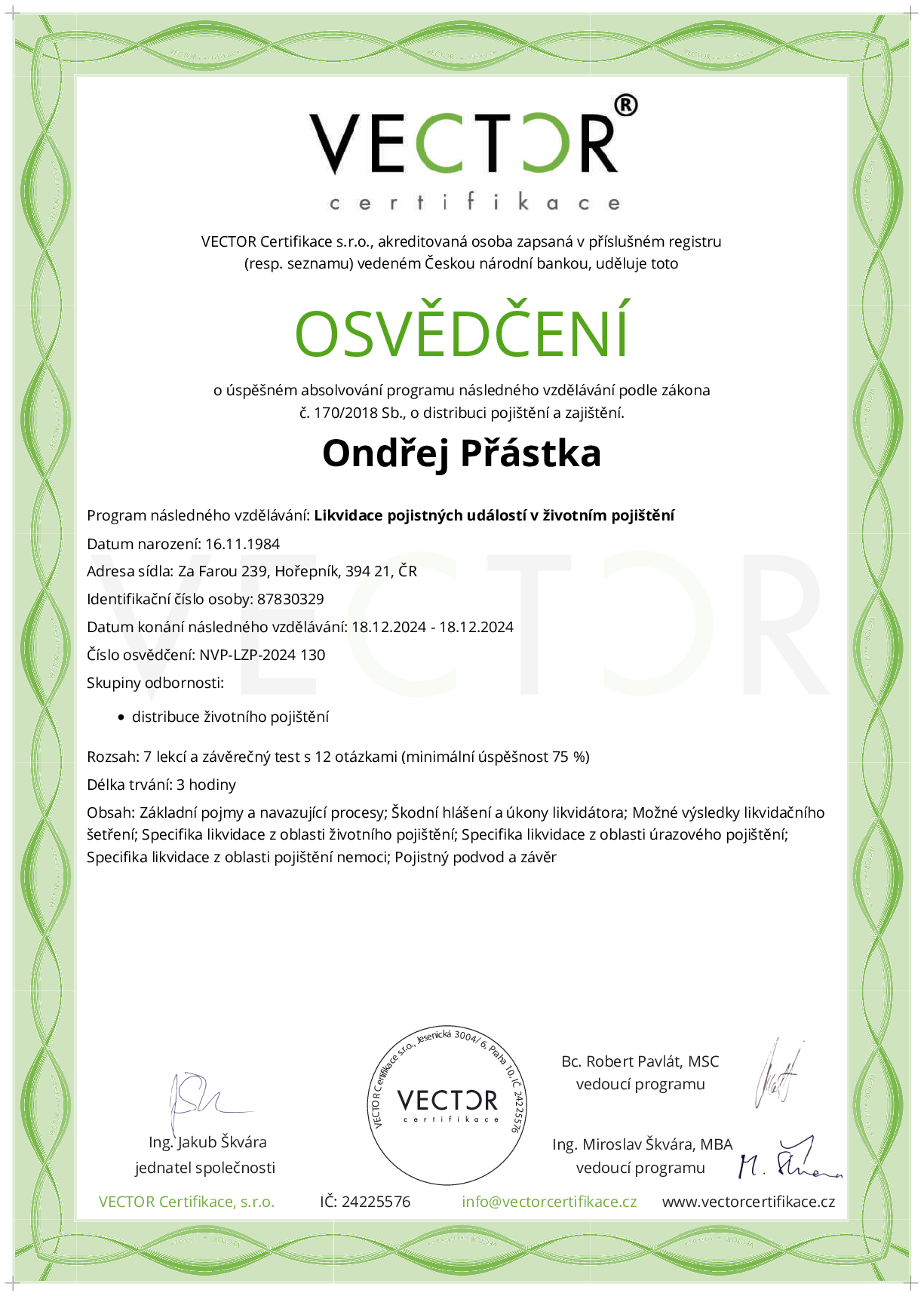 Osvědčení kurzu: Likvidace pojistných událostí v životním pojištění (NVP-LZP-2024)