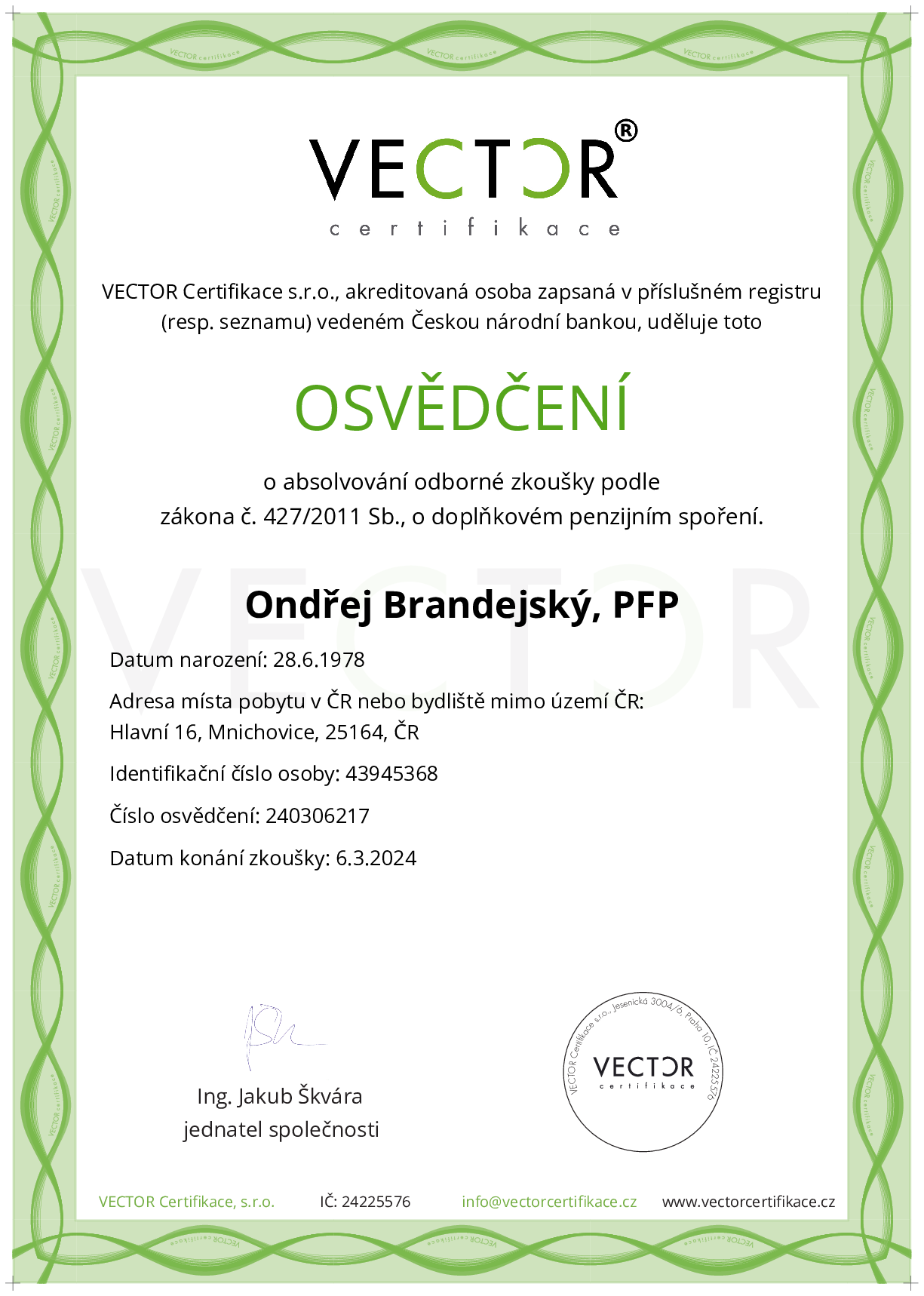 Osvědčení ze zkoušky: DPS - Doplňkové penzijní spoření