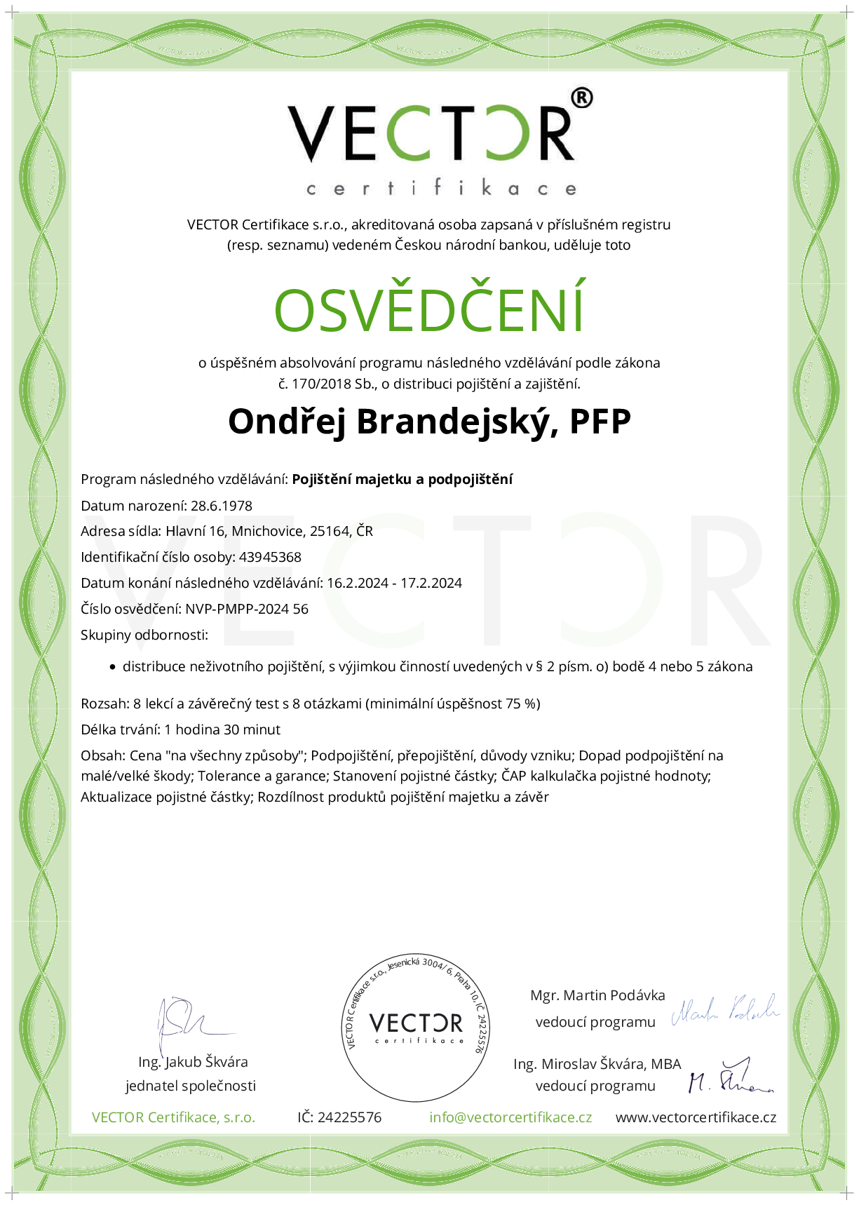 Osvědčení kurzu: Pojištění majetku a podpojištění (NVP-PMPP-2024)