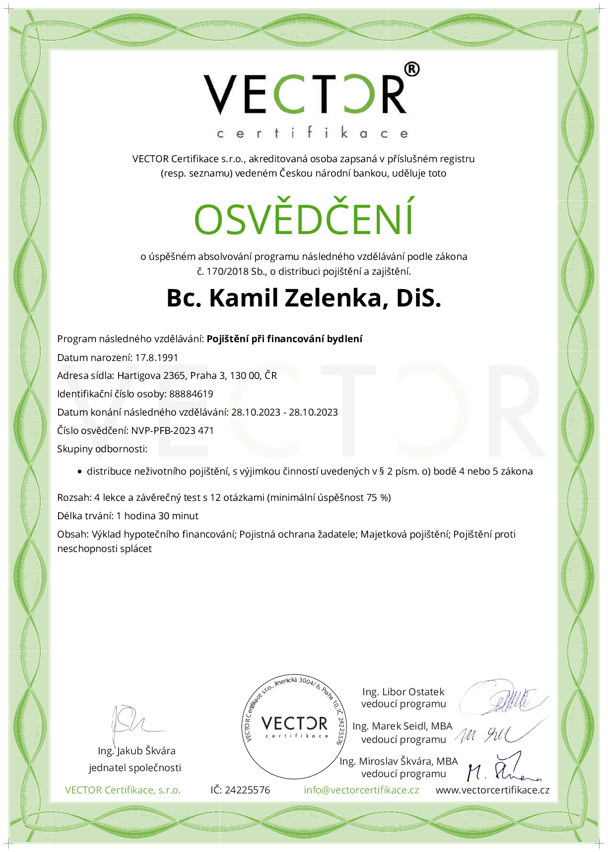 Osvědčení kurzu: Pojištění při financování bydlení (NVP-PFB-2023)