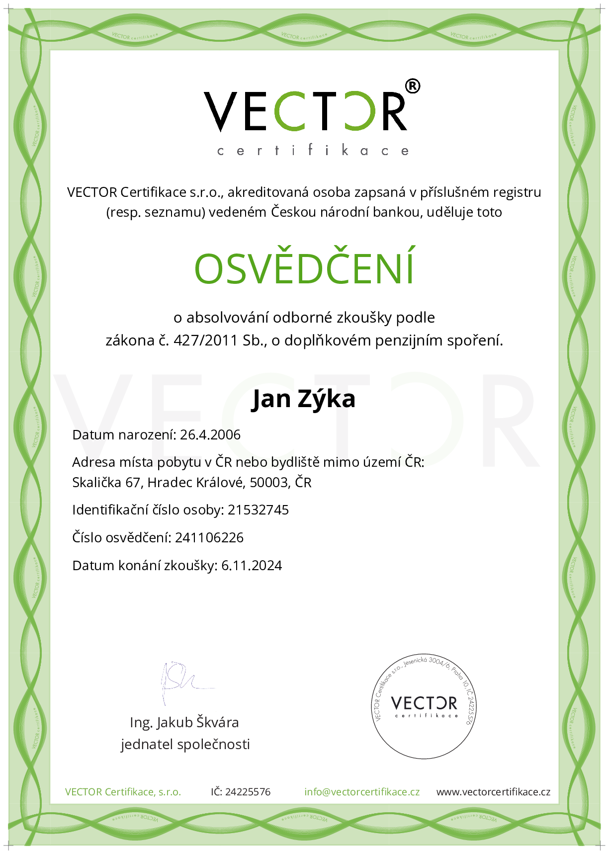 Osvědčení ze zkoušky: DPS - Doplňkové penzijní spoření