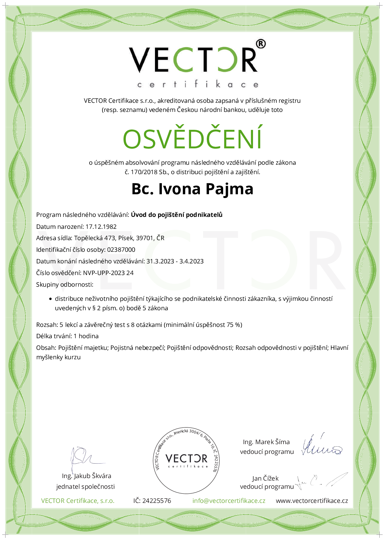 Osvědčení kurzu: Úvod do pojištění podnikatelů (NVP-UPP-2023)