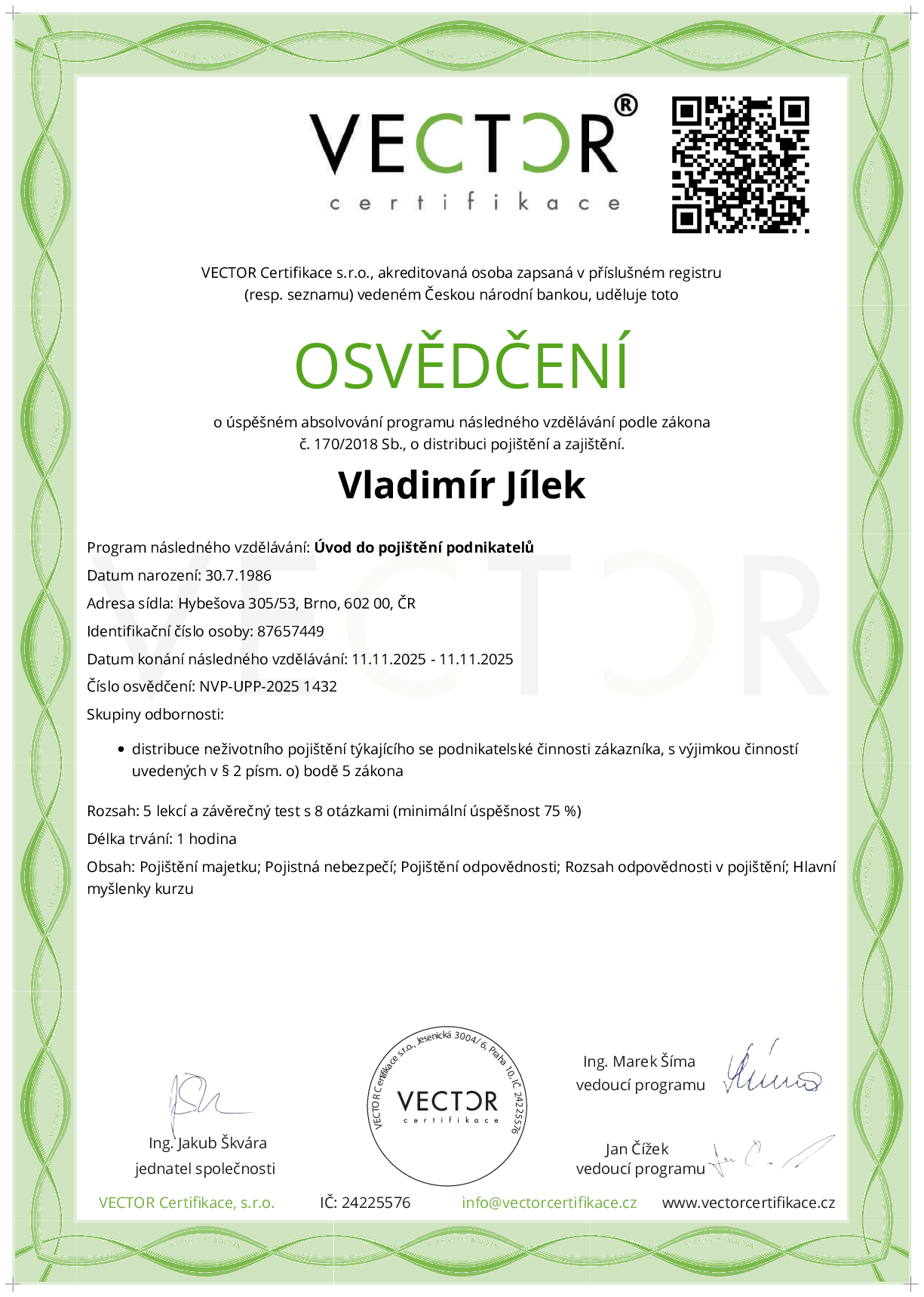 Osvědčení kurzu: Úvod do pojištění podnikatelů (NVP-UPP-2025)