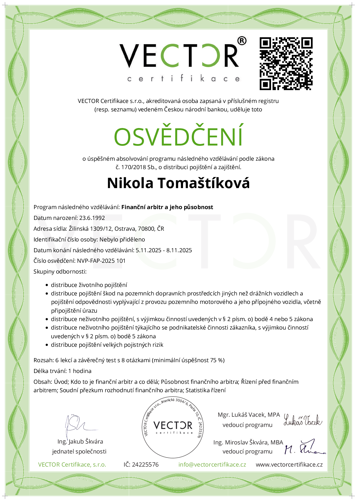 Osvědčení kurzu: Finanční arbitr a jeho působnost (NVP-FAP-2025)