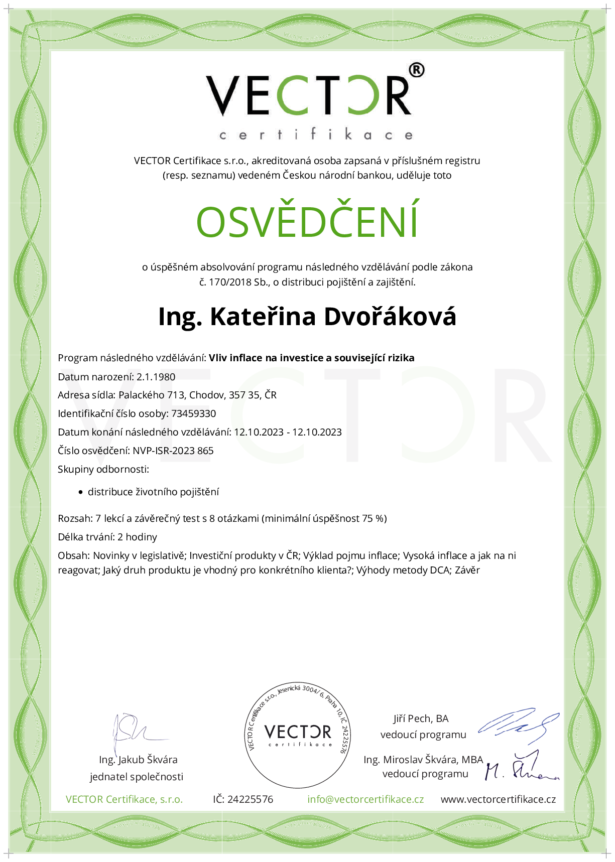 Osvědčení kurzu: Vliv inflace na investice a související rizika (NVP-ISR-2023)