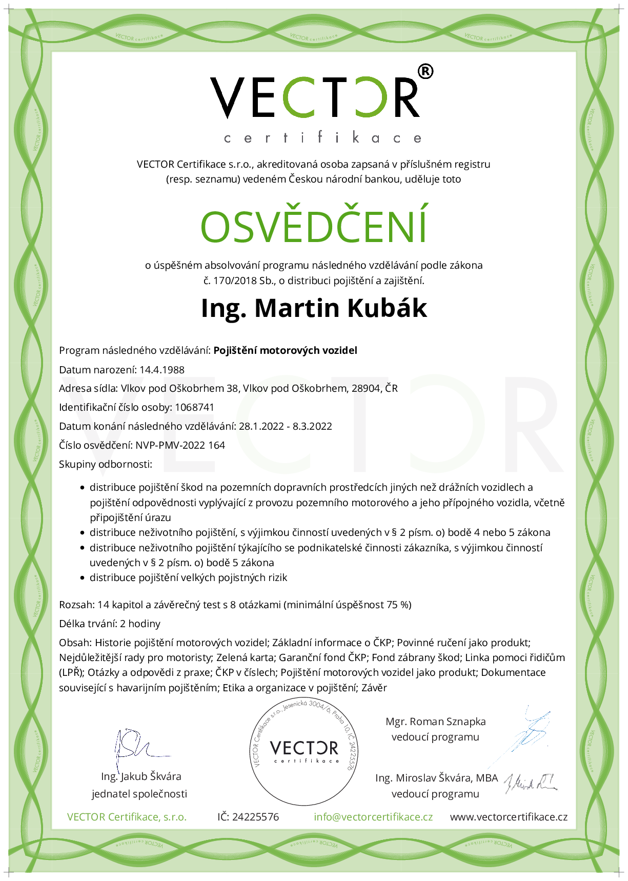 Osvědčení kurzu: Pojištění motorových vozidel (NVP-PMV-2022)