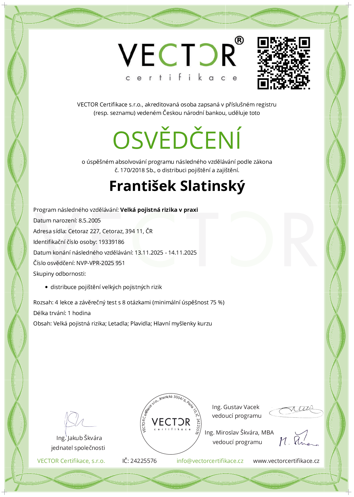 Osvědčení kurzu: Velká pojistná rizika v praxi (NVP-VPR-2025)