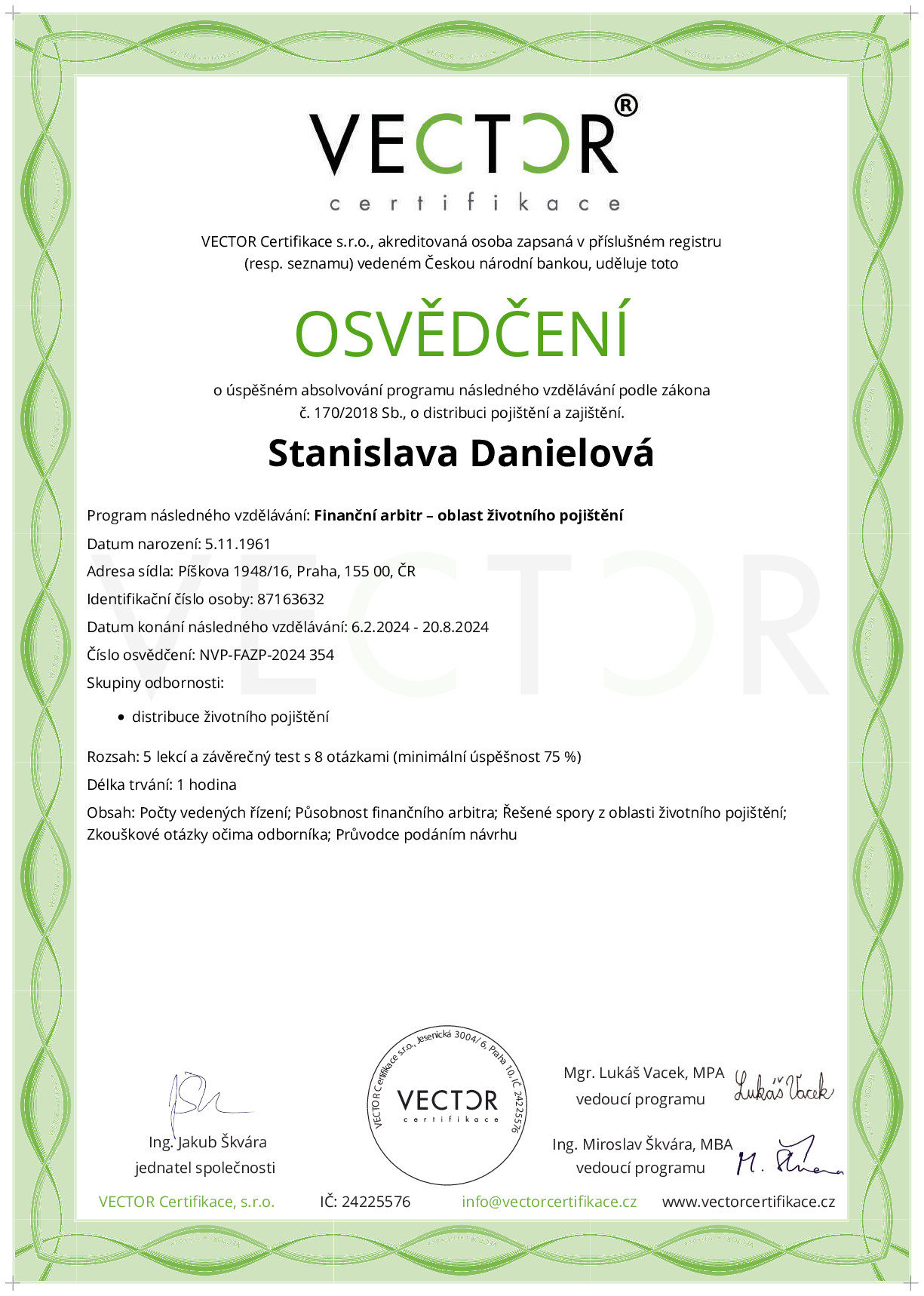 Osvědčení kurzu: Finanční arbitr – oblast životního pojištění (NVP-FAZP-2024)