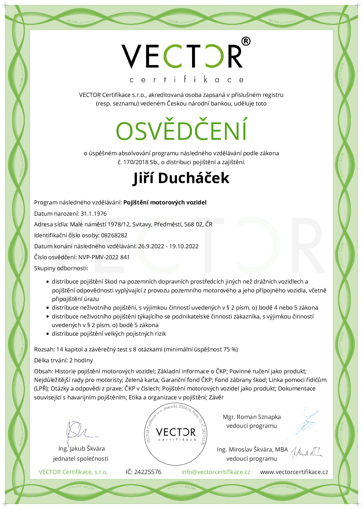 Osvědčení kurzu: Pojištění motorových vozidel (NVP-PMV-2022)