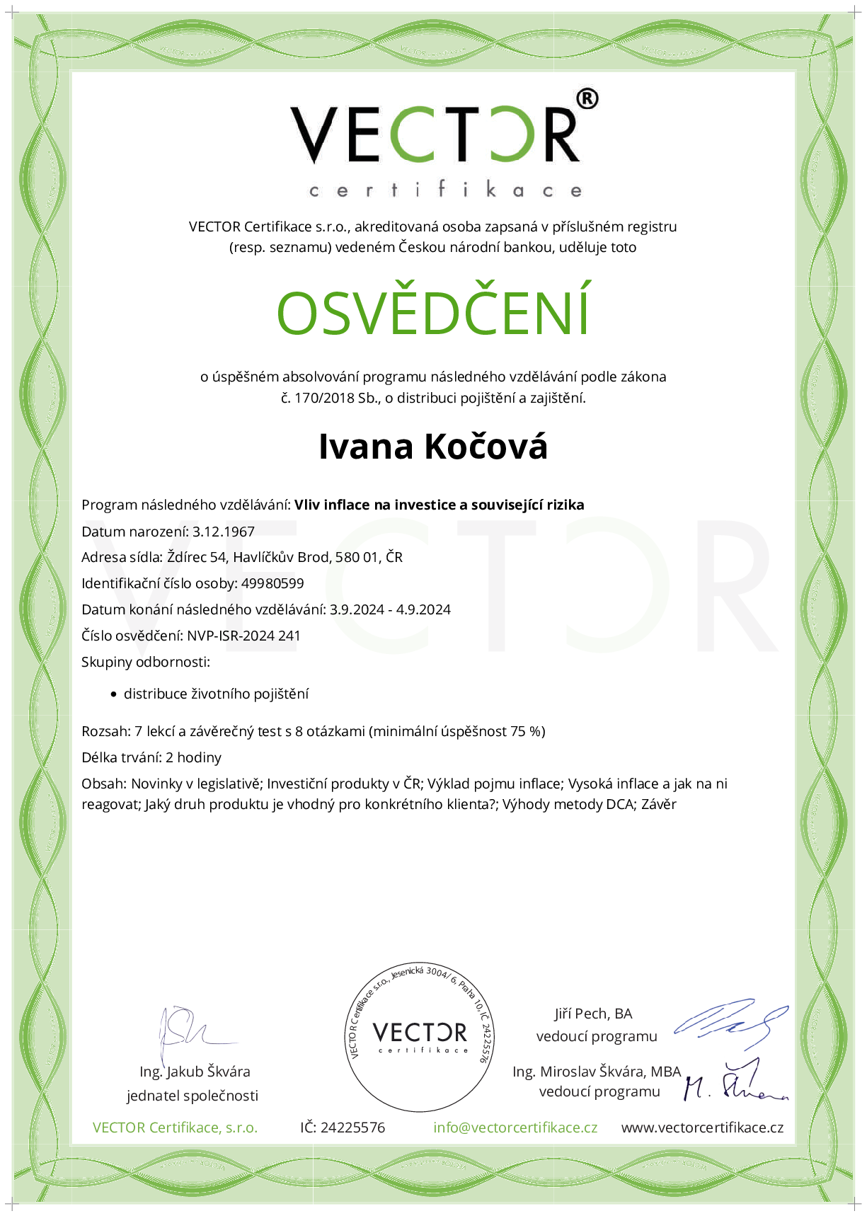 Osvědčení kurzu: Vliv inflace na investice a související rizika (NVP-ISR-2024)