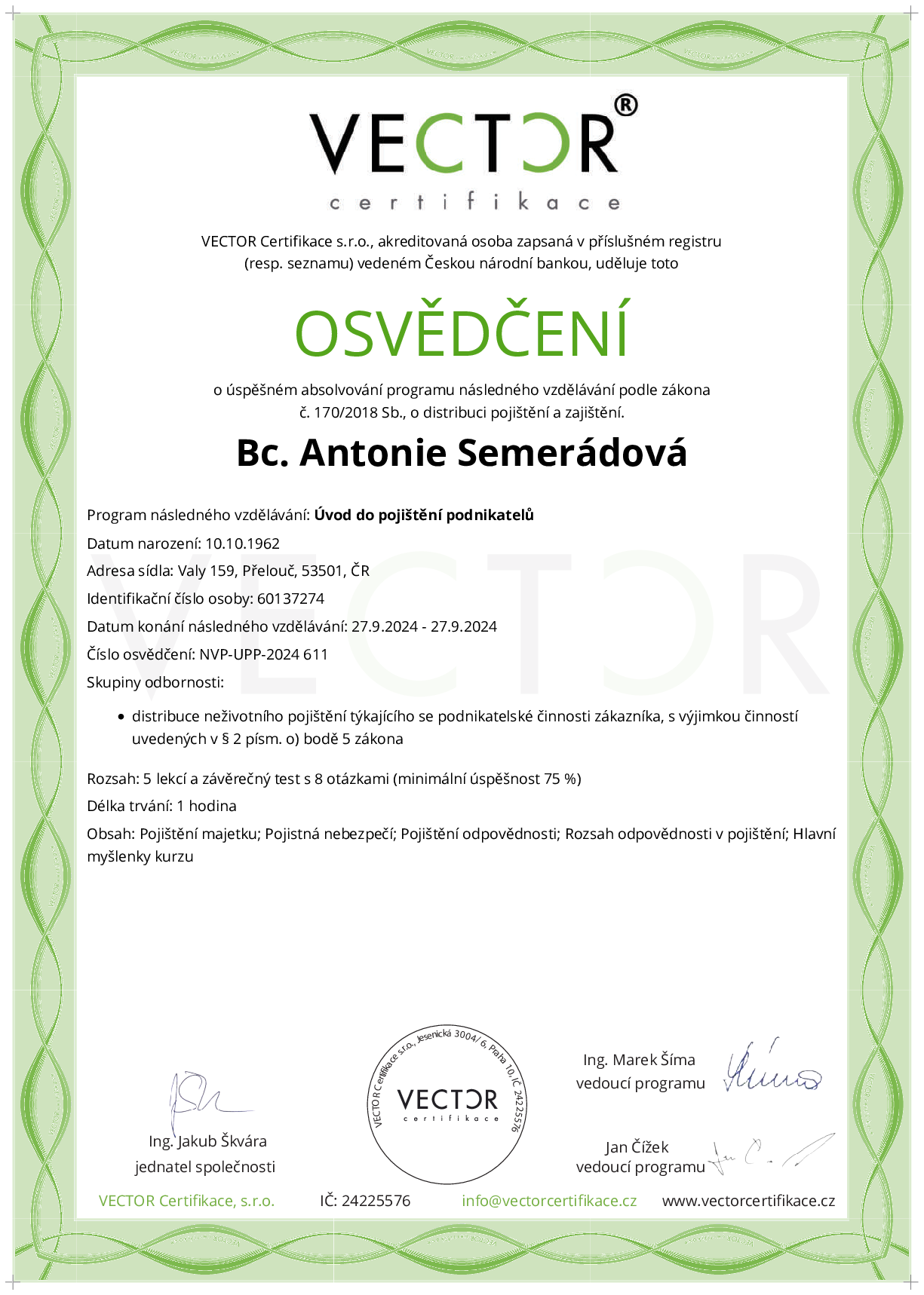 Osvědčení kurzu: Úvod do pojištění podnikatelů (NVP-UPP-2024)