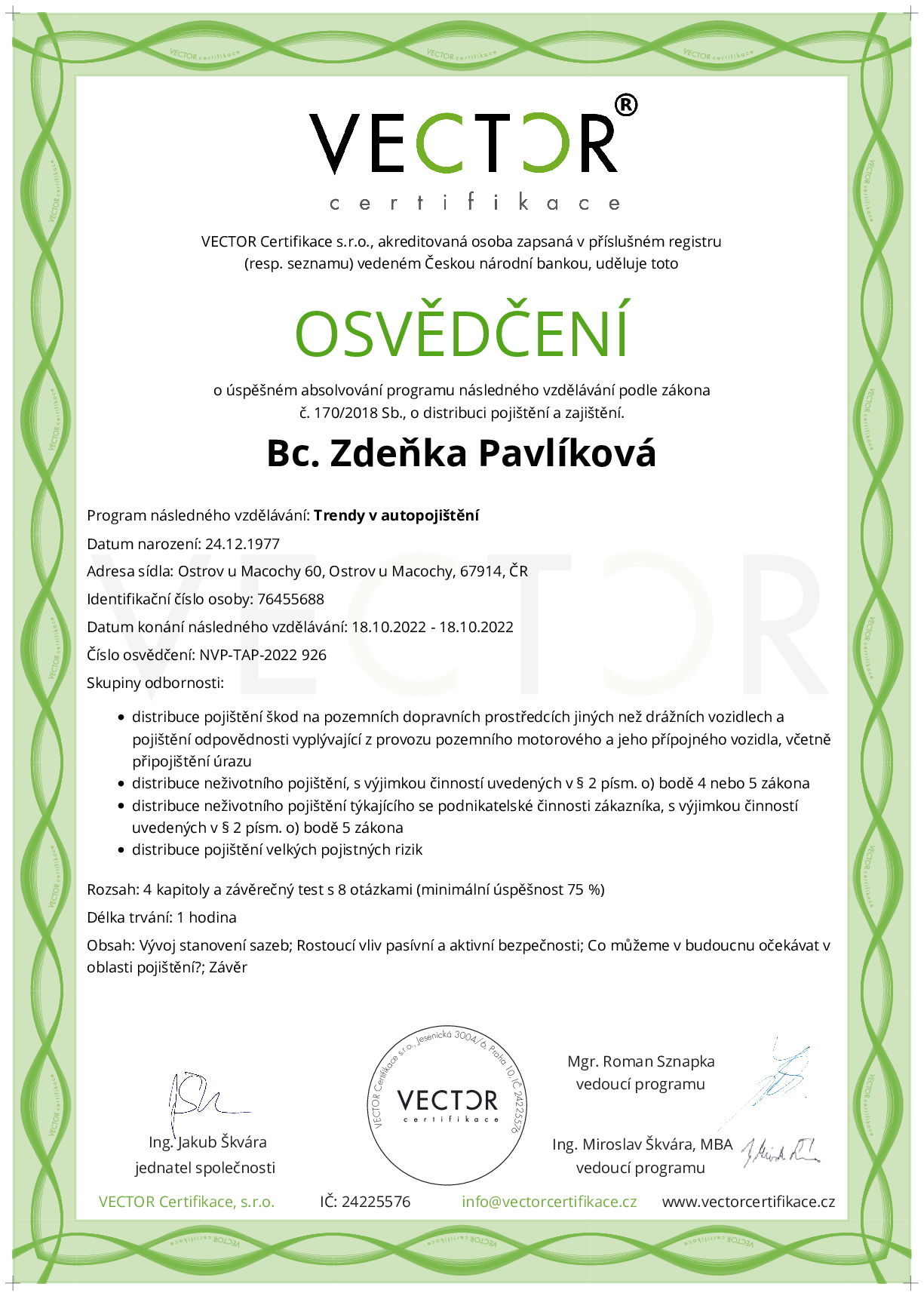 Osvědčení kurzu: Trendy v autopojištění (NVP-TAP-2022)