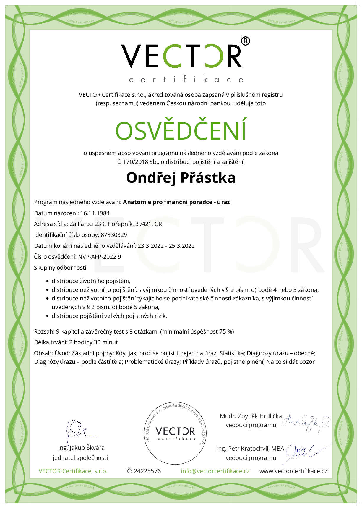Osvědčení kurzu: Anatomie pro finanční poradce - úraz (NVP-AFP-2022)