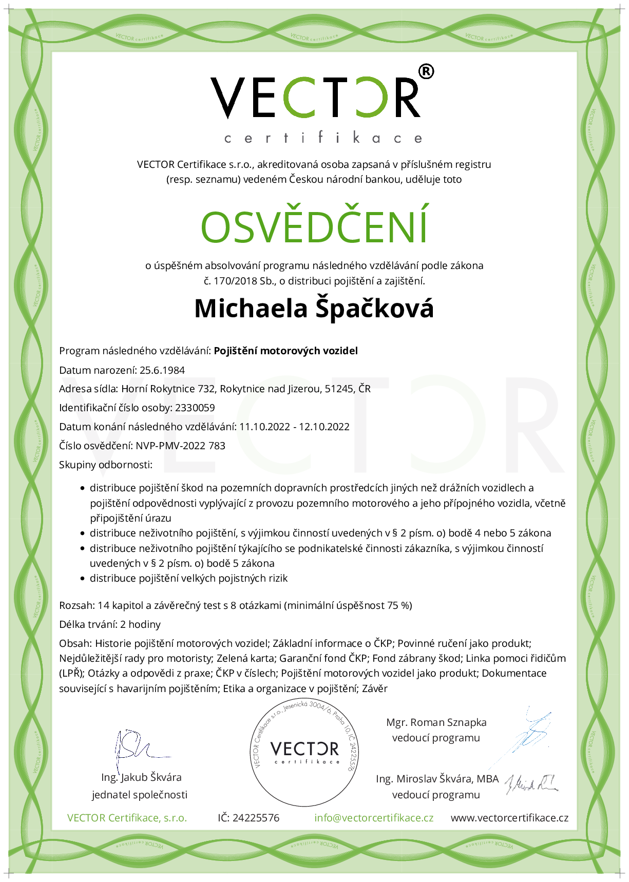 Osvědčení kurzu: Pojištění motorových vozidel (NVP-PMV-2022)