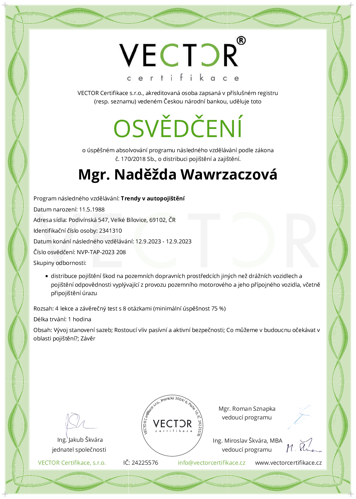 Osvědčení kurzu: Trendy v autopojištění (NVP-TAP-2023)