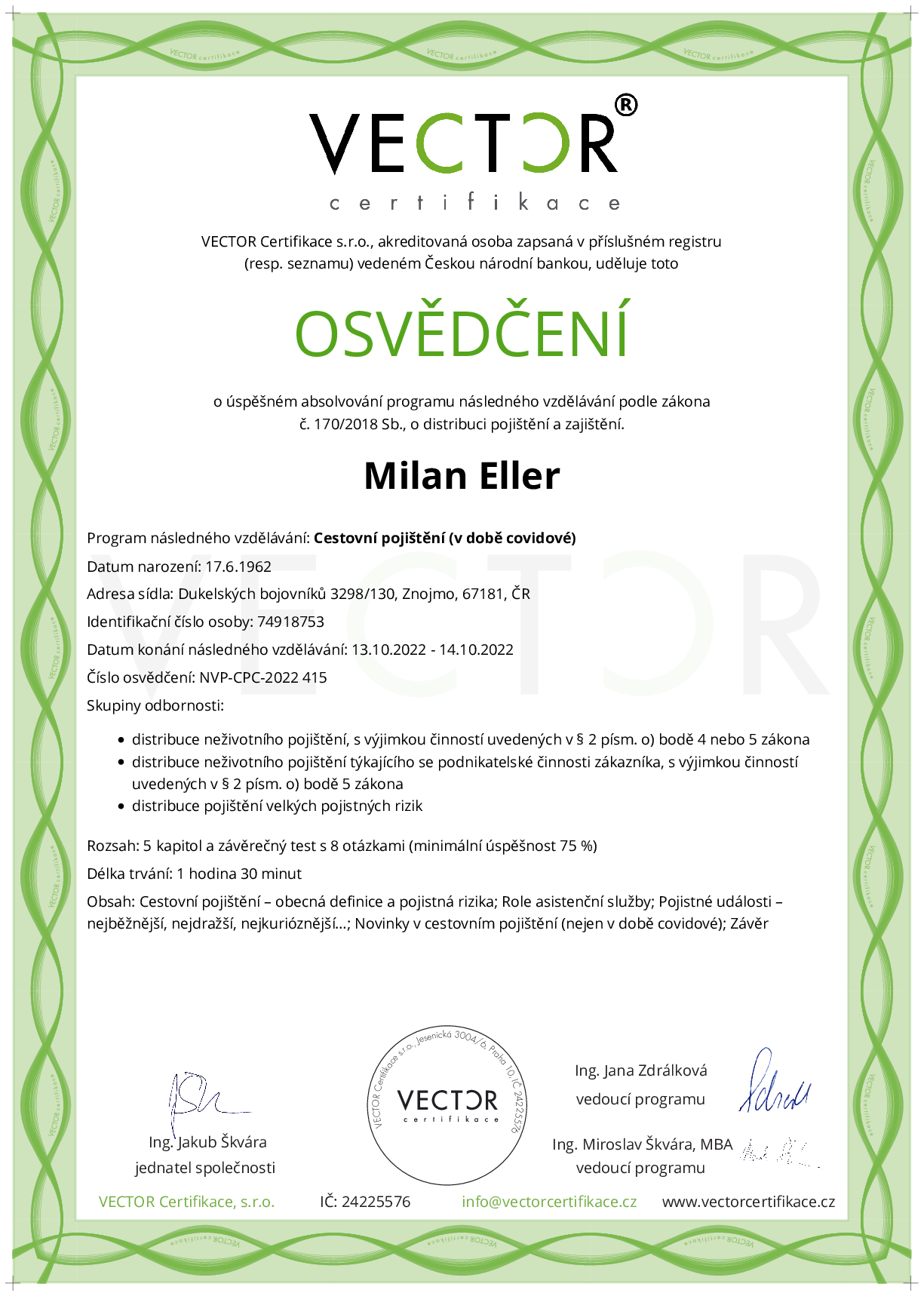 Osvědčení kurzu: Cestovní pojištění (v době covidové) (NVP-CPC-2022)
