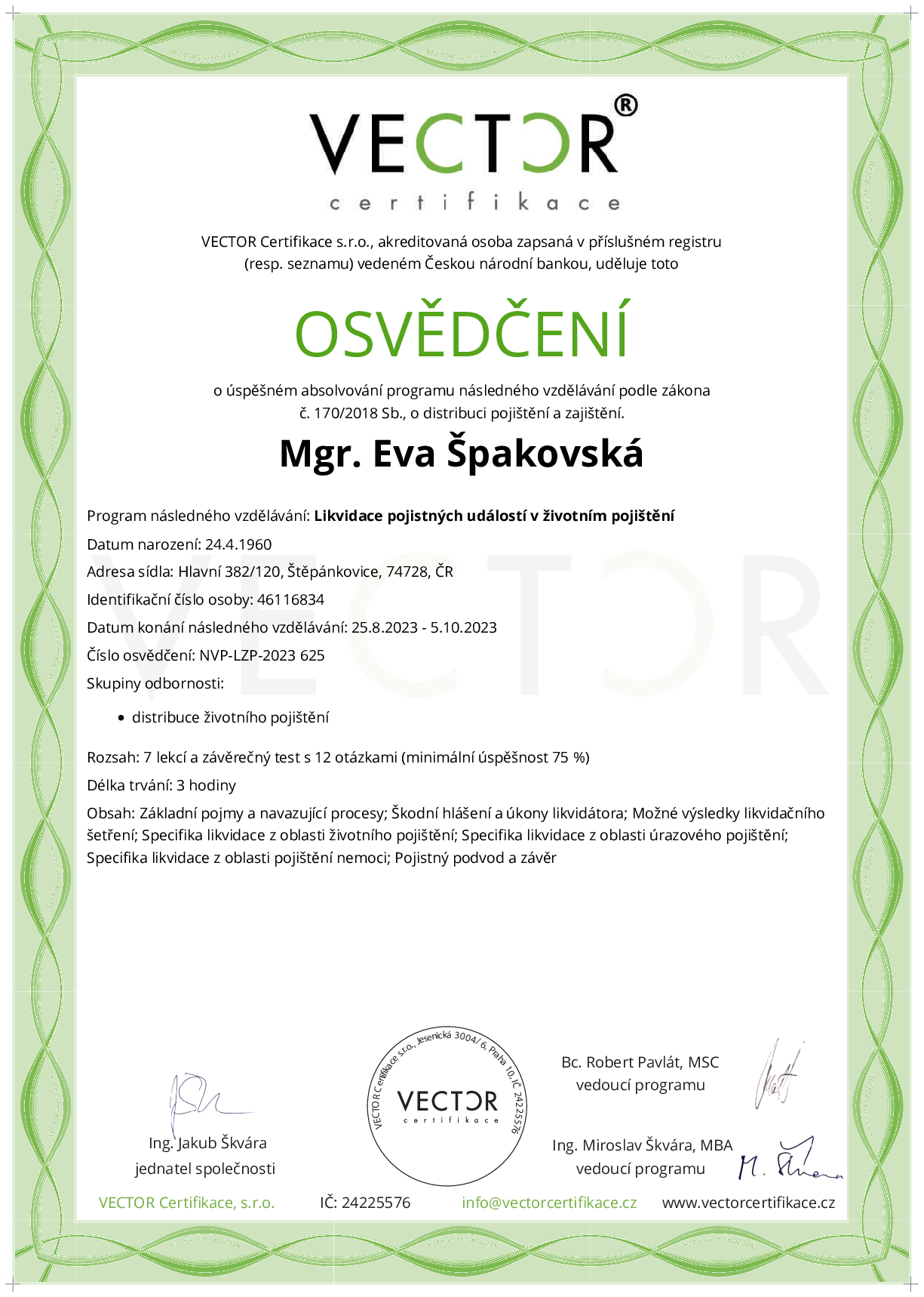 Osvědčení kurzu: Likvidace pojistných událostí v životním pojištění (NVP-LZP-2023)