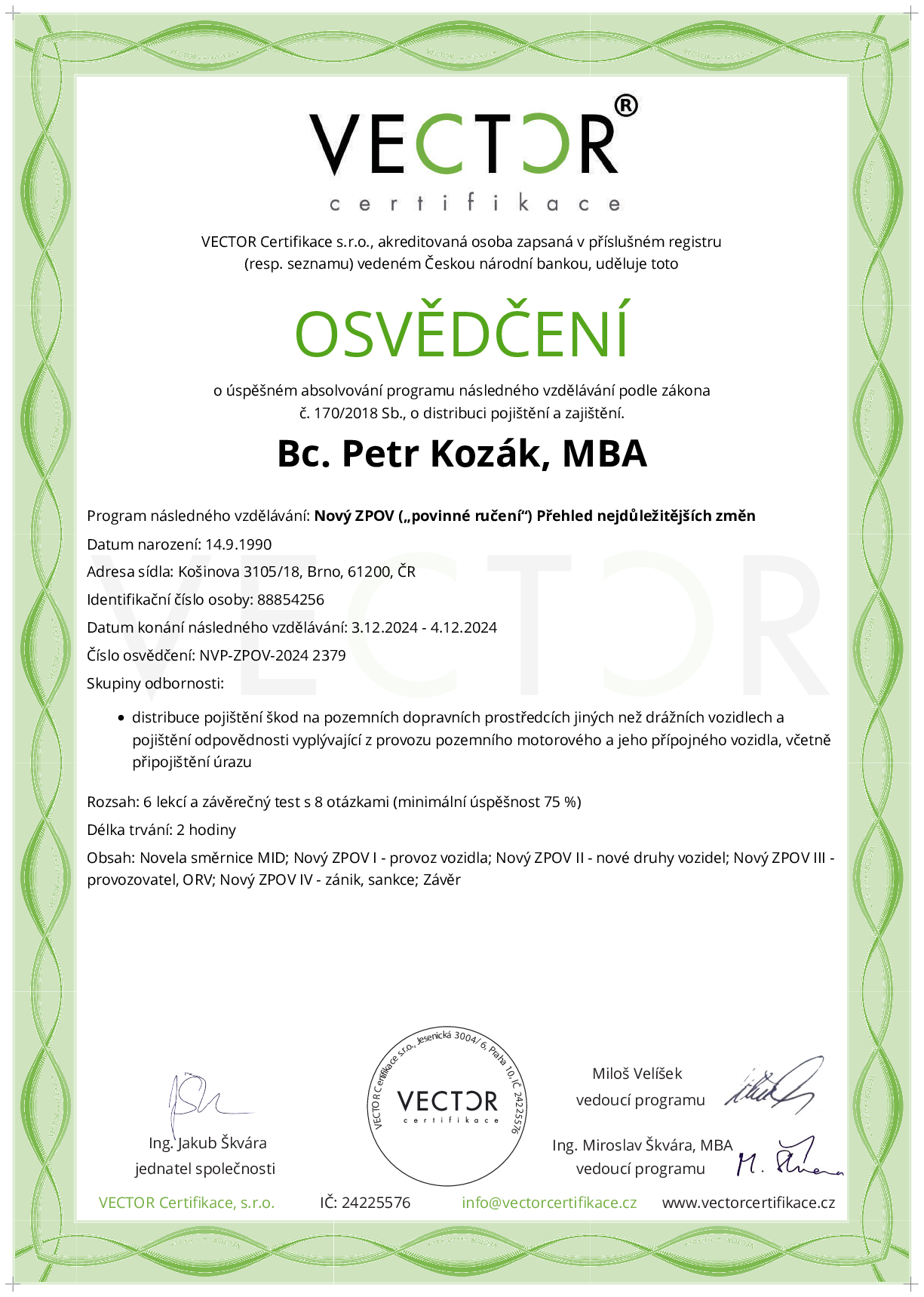 Osvědčení kurzu: Nový ZPOV („povinné ručení“) Přehled nejdůležitějších změn (NVP-ZPOV-2024)