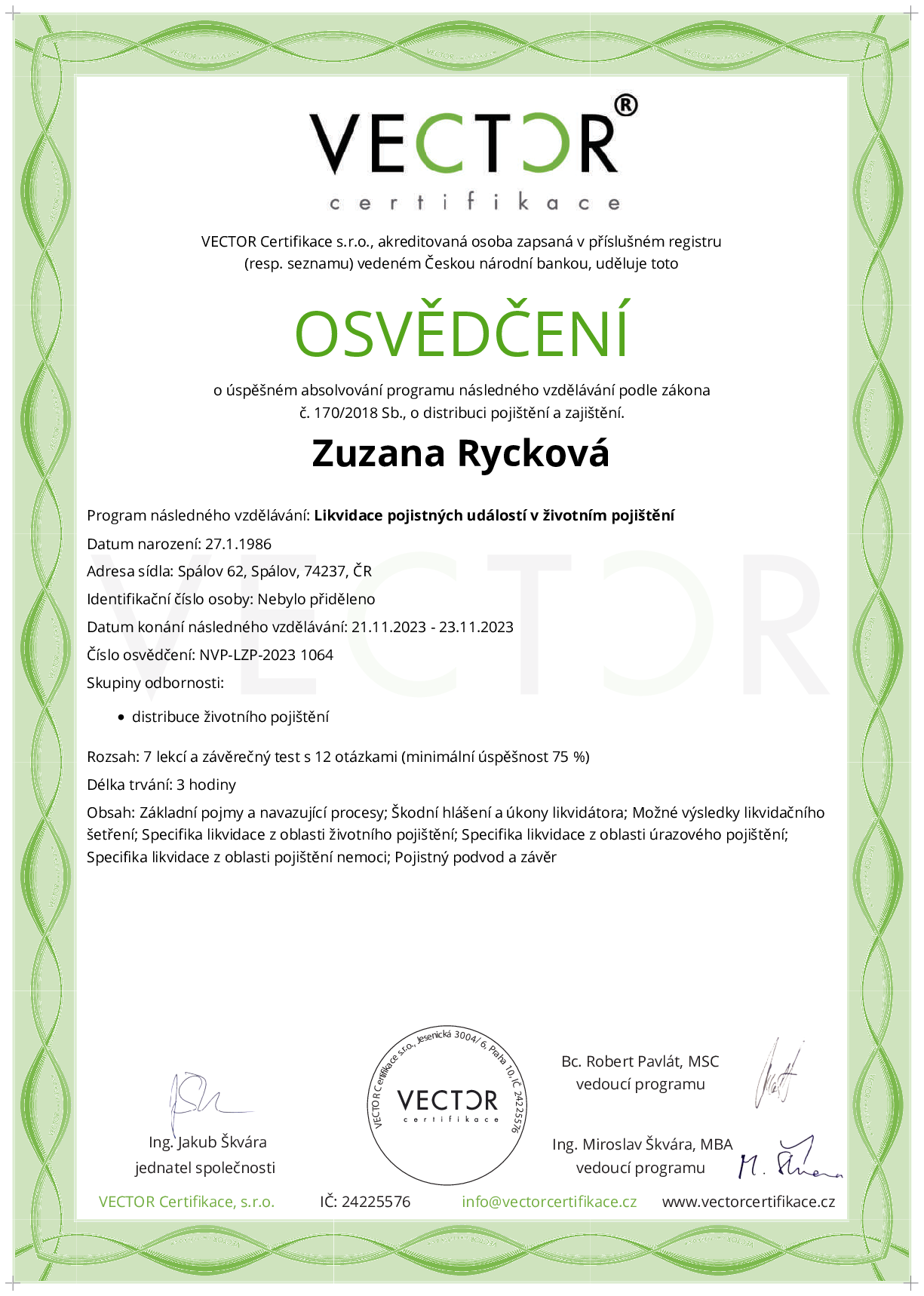 Osvědčení kurzu: Likvidace pojistných událostí v životním pojištění (NVP-LZP-2023)