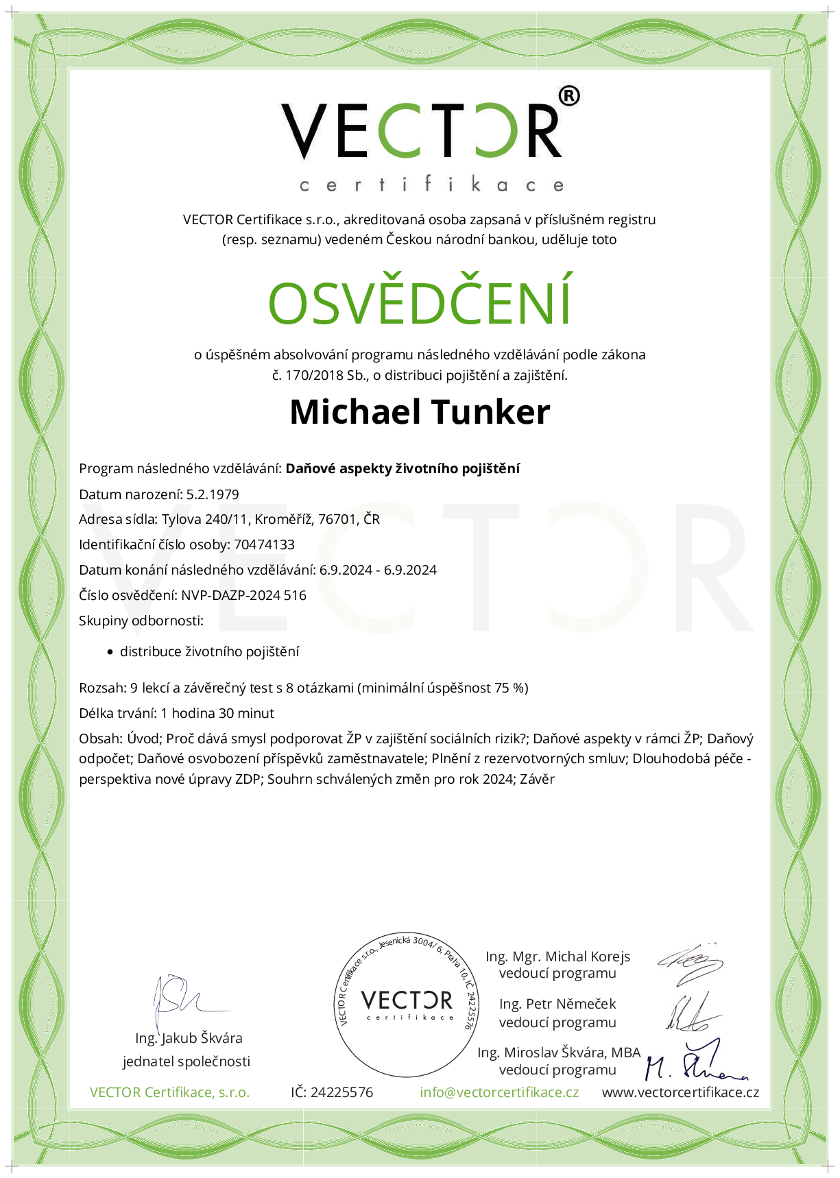 Osvědčení kurzu: Daňové aspekty životního pojištění (NVP-DAZP-2024)