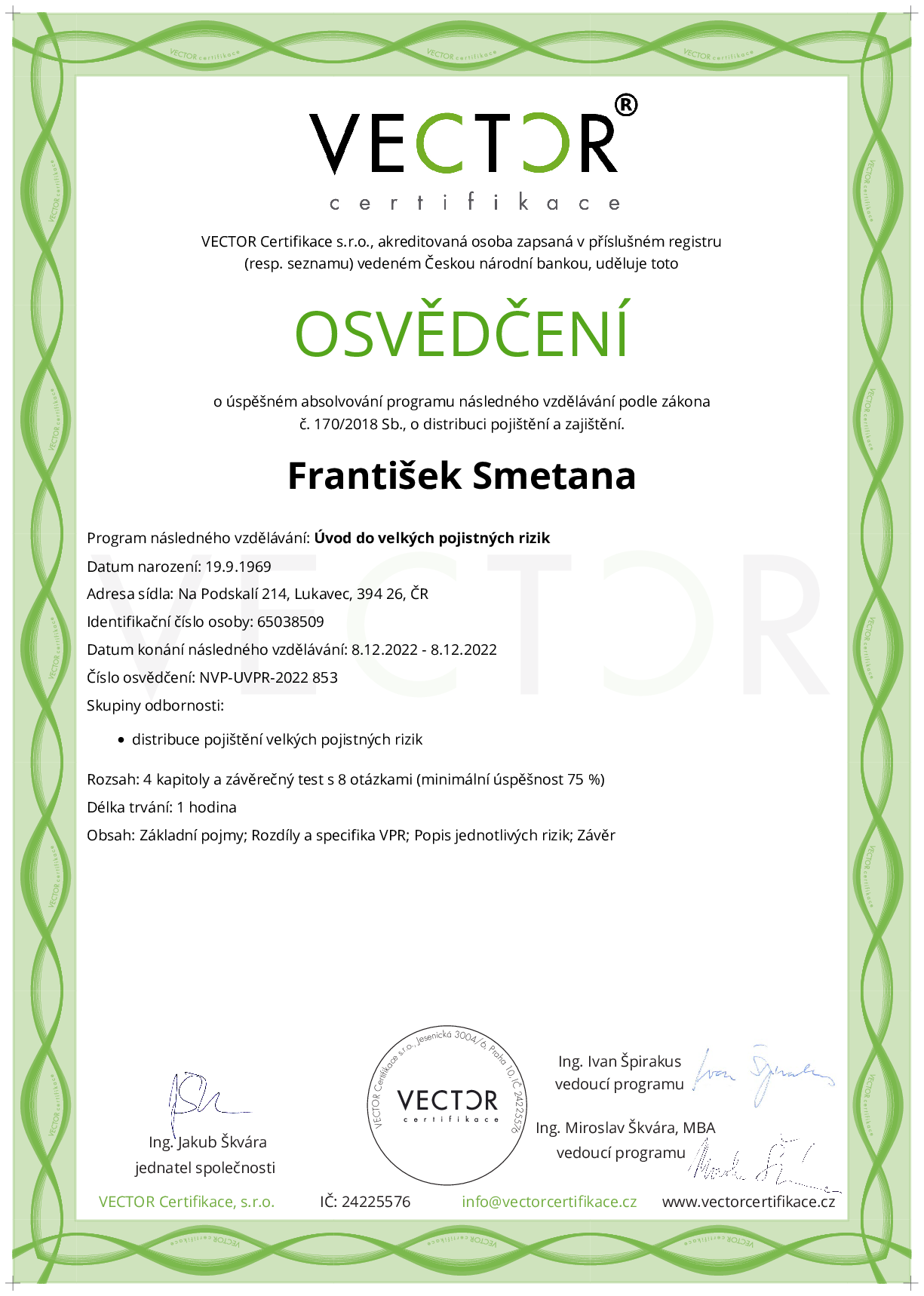 Osvědčení kurzu: Úvod do velkých pojistných rizik (NVP-UVPR-2022)