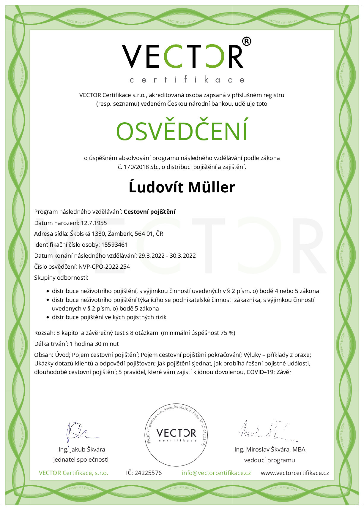 Osvědčení kurzu: Cestovní pojištění (NVP-CPO-2022)