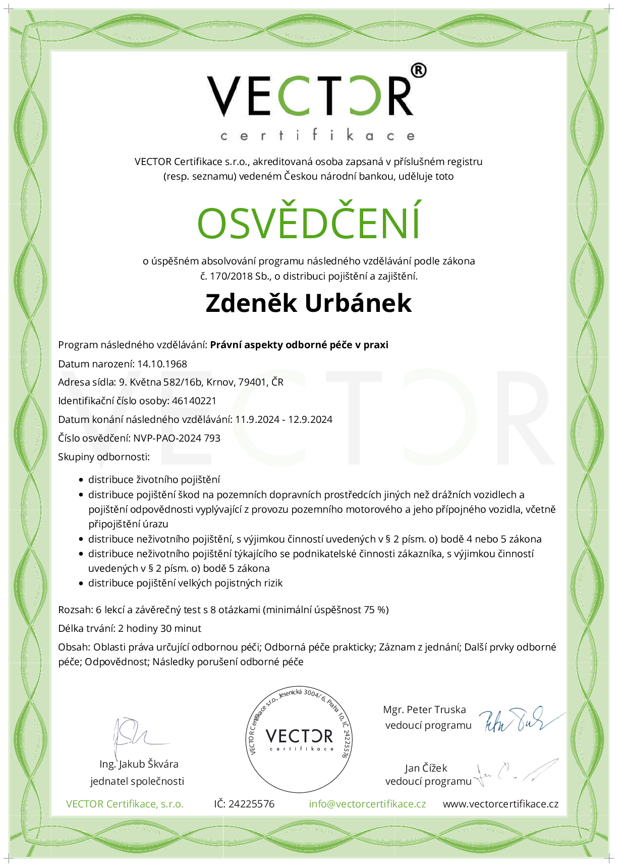 Osvědčení kurzu: Právní aspekty odborné péče v praxi (NVP-PAO-2024)