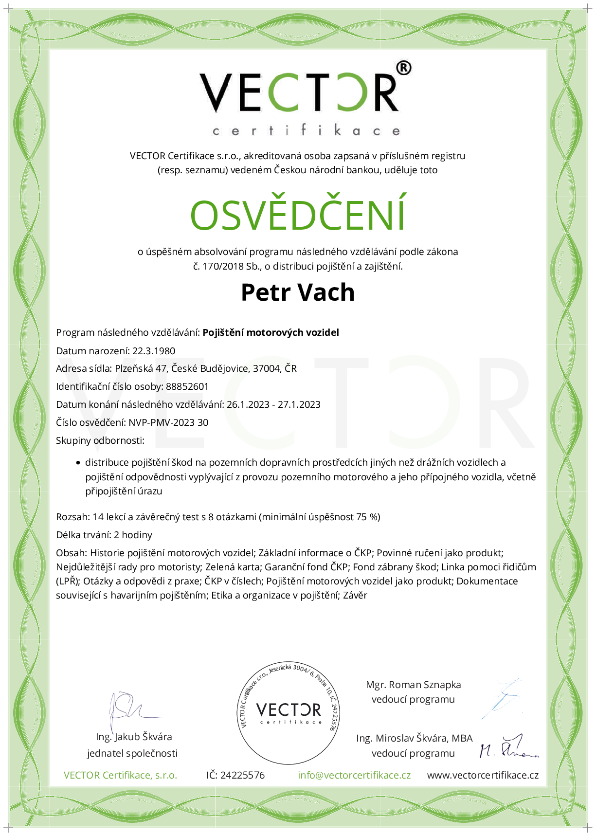 Osvědčení kurzu: Pojištění motorových vozidel (NVP-PMV-2023)