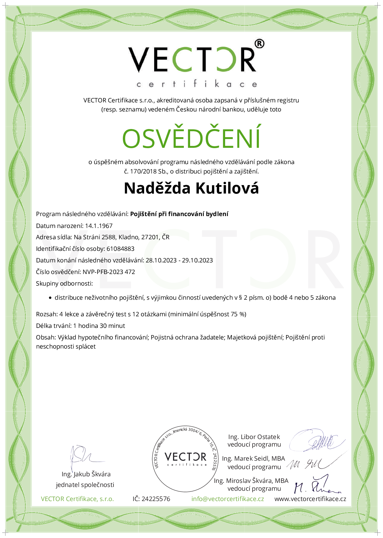 Osvědčení kurzu: Pojištění při financování bydlení (NVP-PFB-2023)