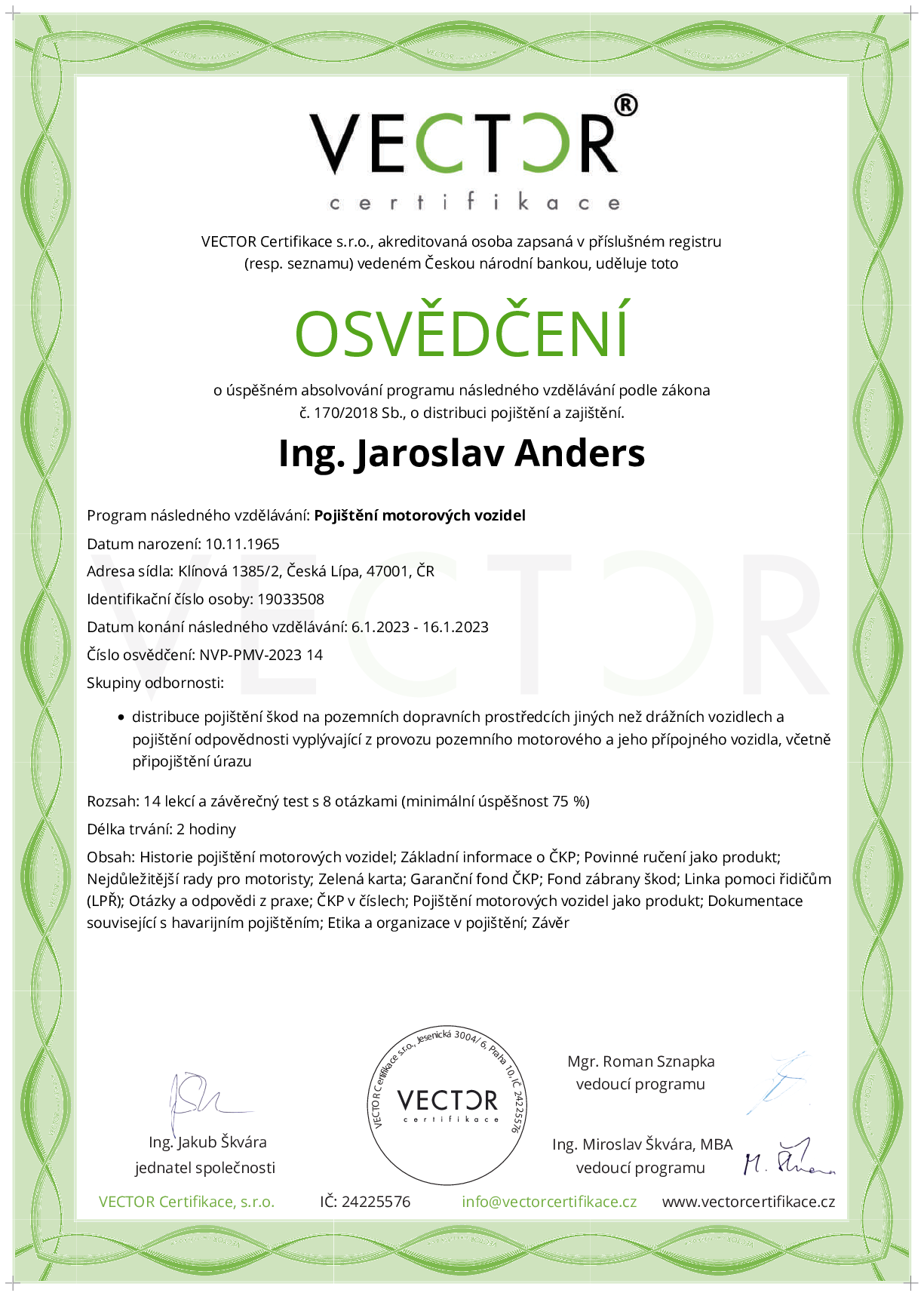 Osvědčení kurzu: Pojištění motorových vozidel (NVP-PMV-2023)