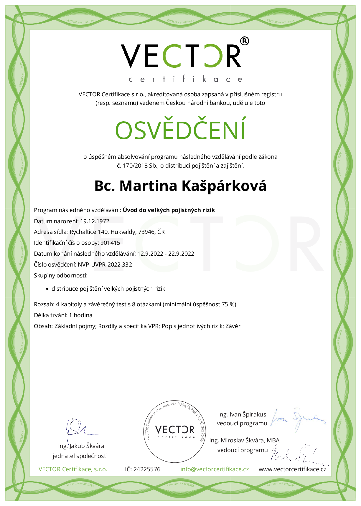 Osvědčení kurzu: Úvod do velkých pojistných rizik (NVP-UVPR-2022)
