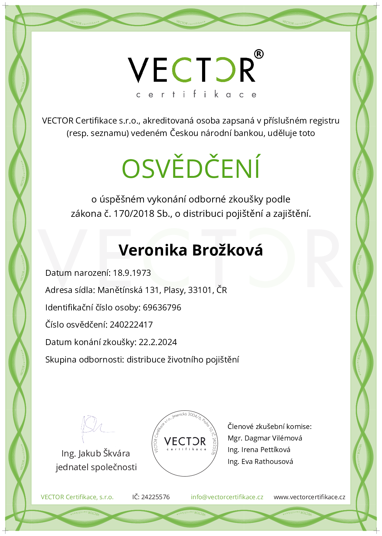 Osvědčení ze zkoušky: I. POJ-ZIV - Životní pojištění