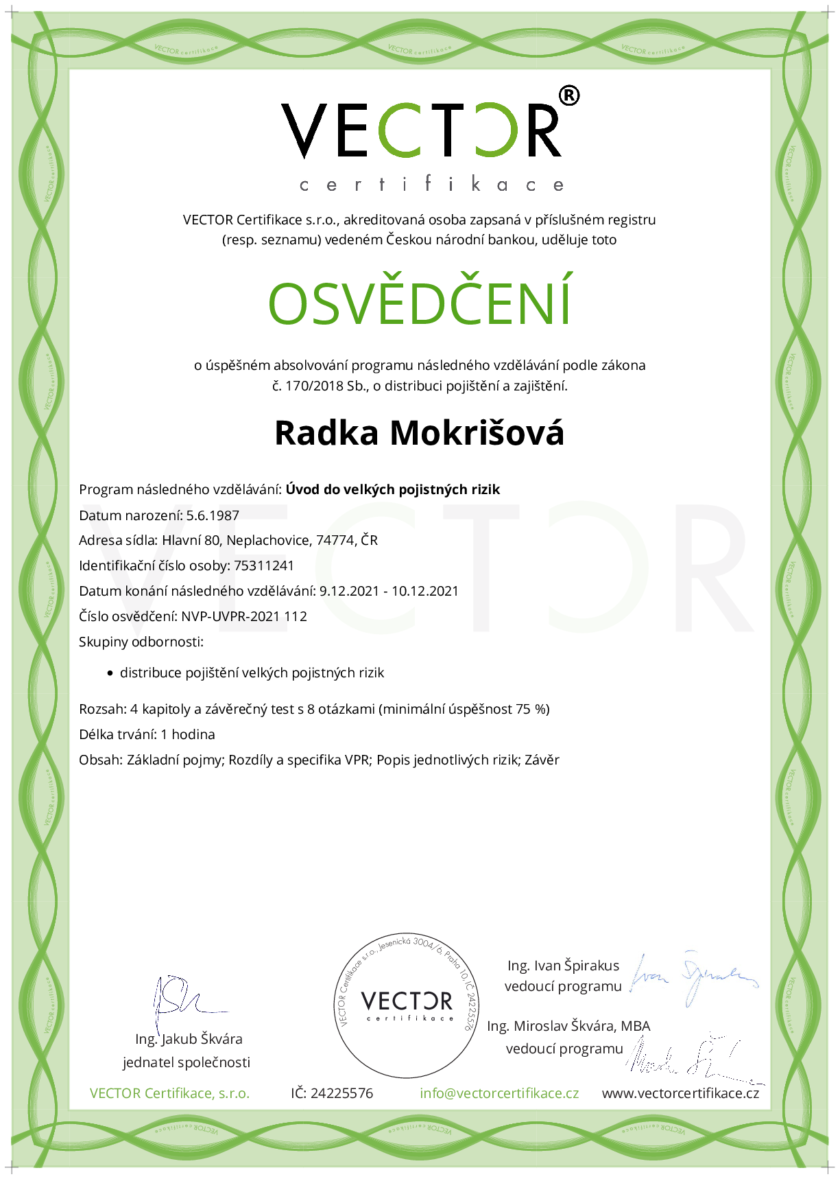 Osvědčení kurzu: Úvod do velkých pojistných rizik (NVP-UVPR-2021)