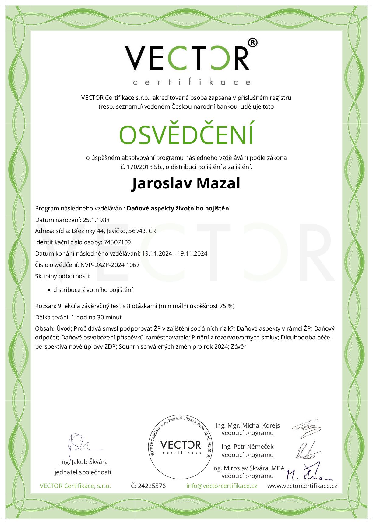 Osvědčení kurzu: Daňové aspekty životního pojištění (NVP-DAZP-2024)