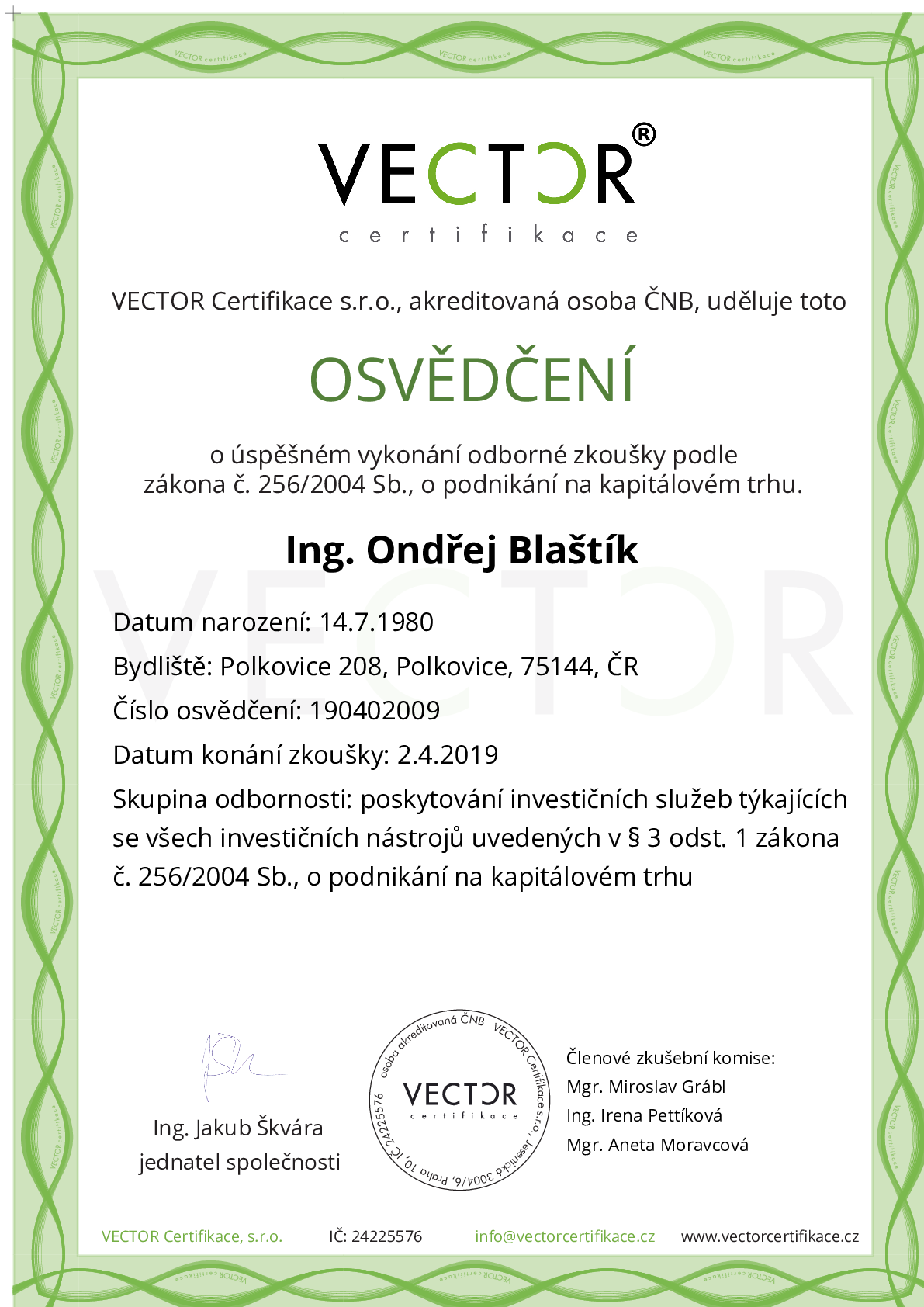 Osvědčení ze zkoušky: II. INV-ABC - Souhrnná zkouška pro všechny investiční nástroje