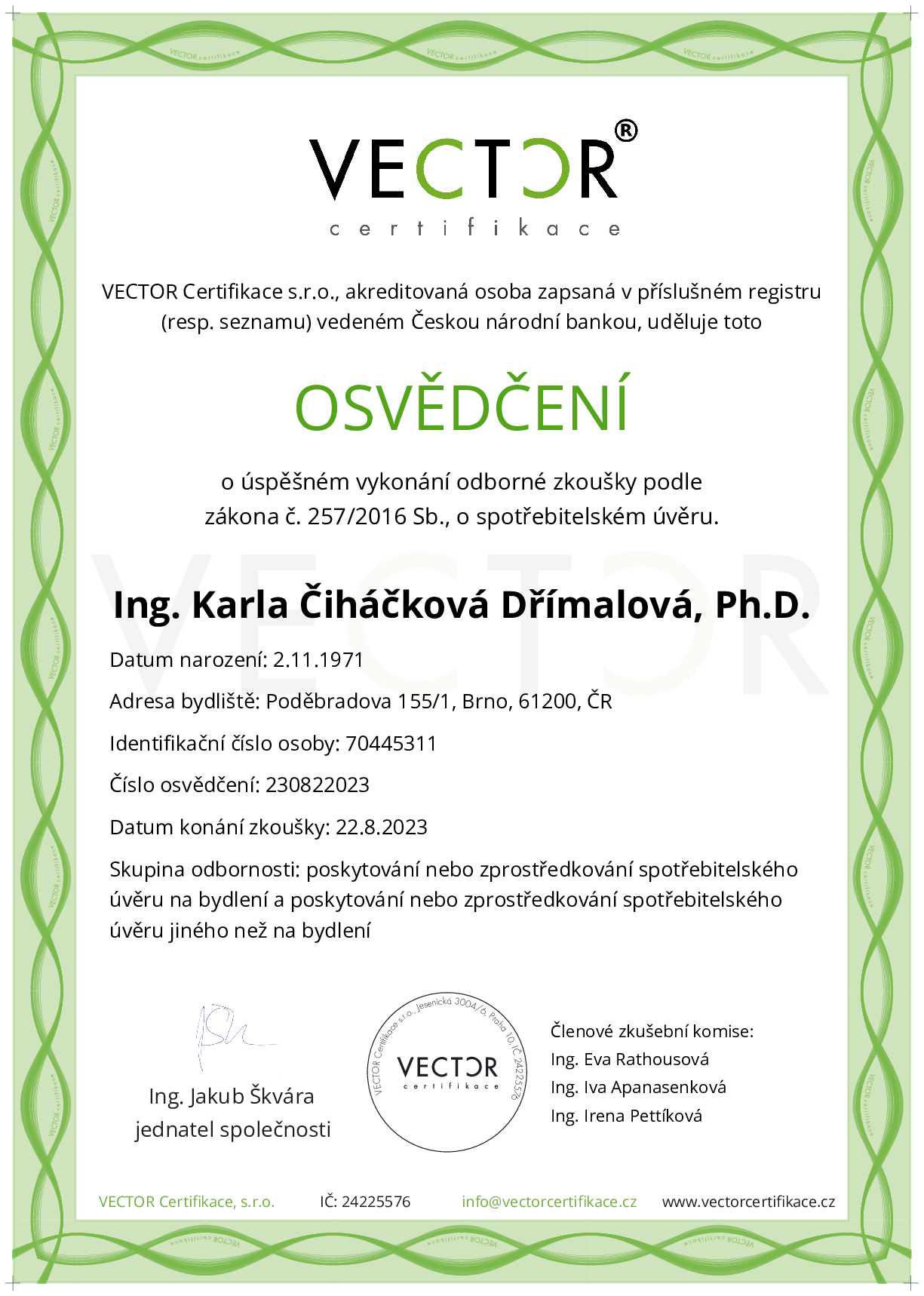 Osvědčení ze zkoušky: IV. ZSU-ABC - Souhrnná zkouška na úvěry