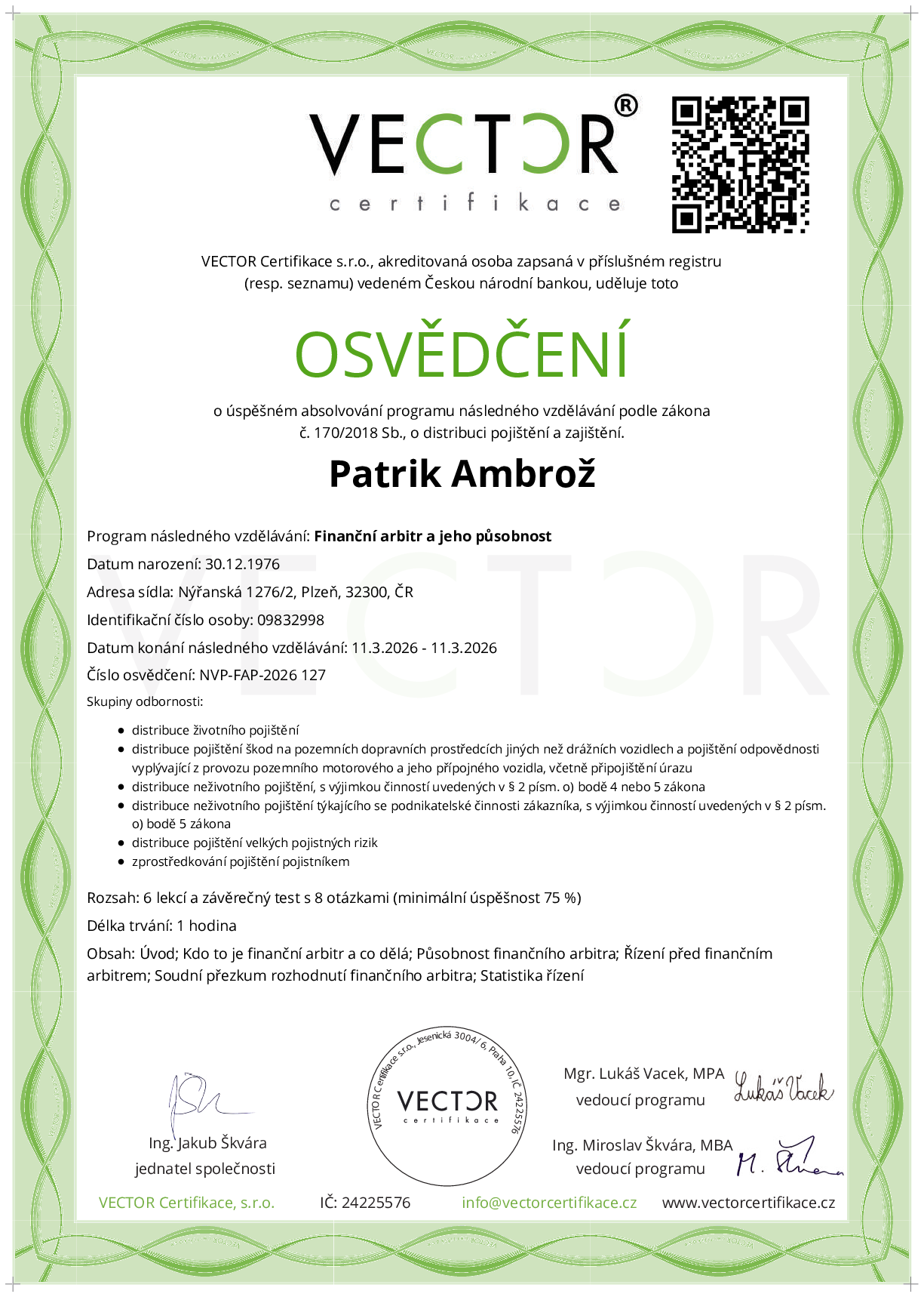 Osvědčení kurzu: Finanční arbitr a jeho působnost (NVP-FAP-2026)