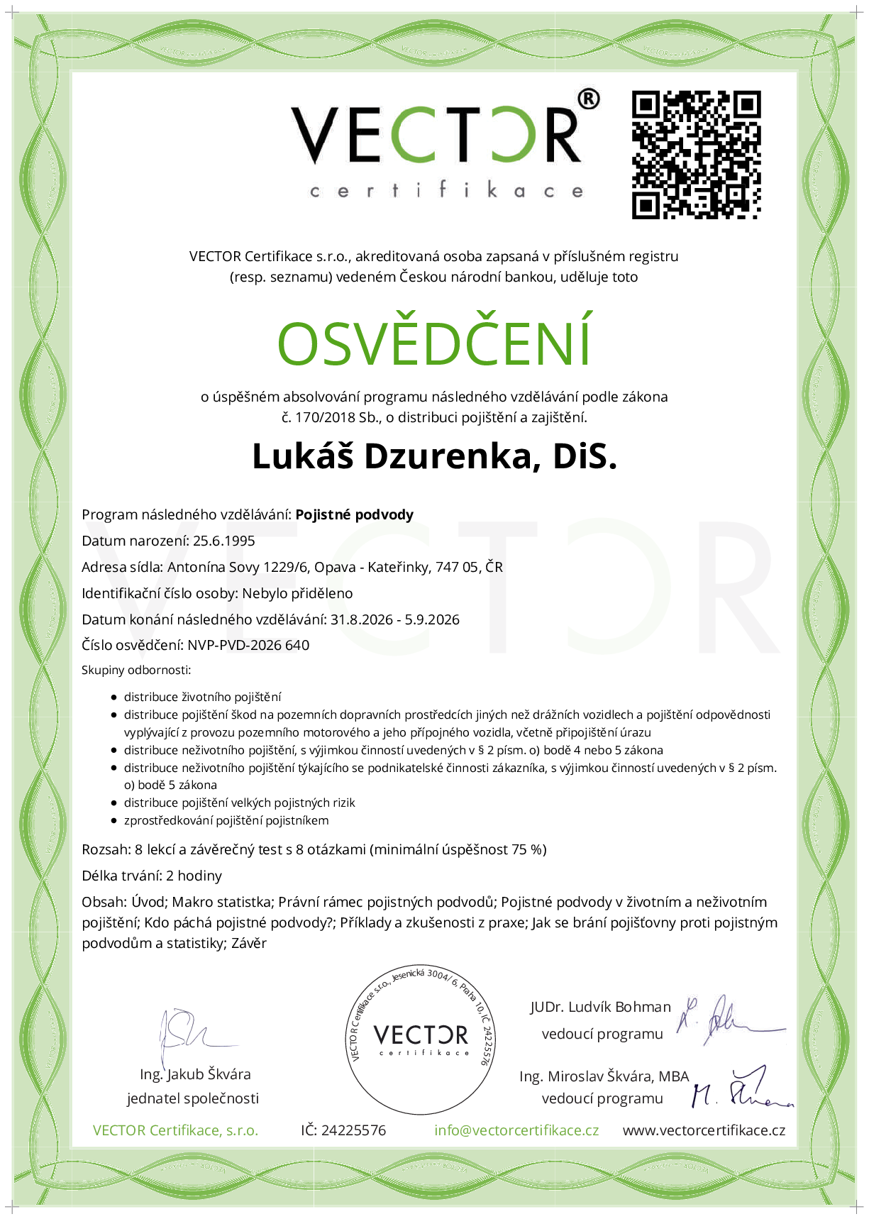 Osvědčení kurzu: Pojistné podvody (NVP-PVD-2026)