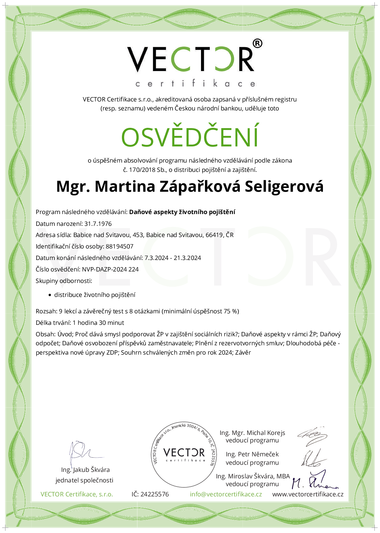 Osvědčení kurzu: Daňové aspekty životního pojištění (NVP-DAZP-2024)