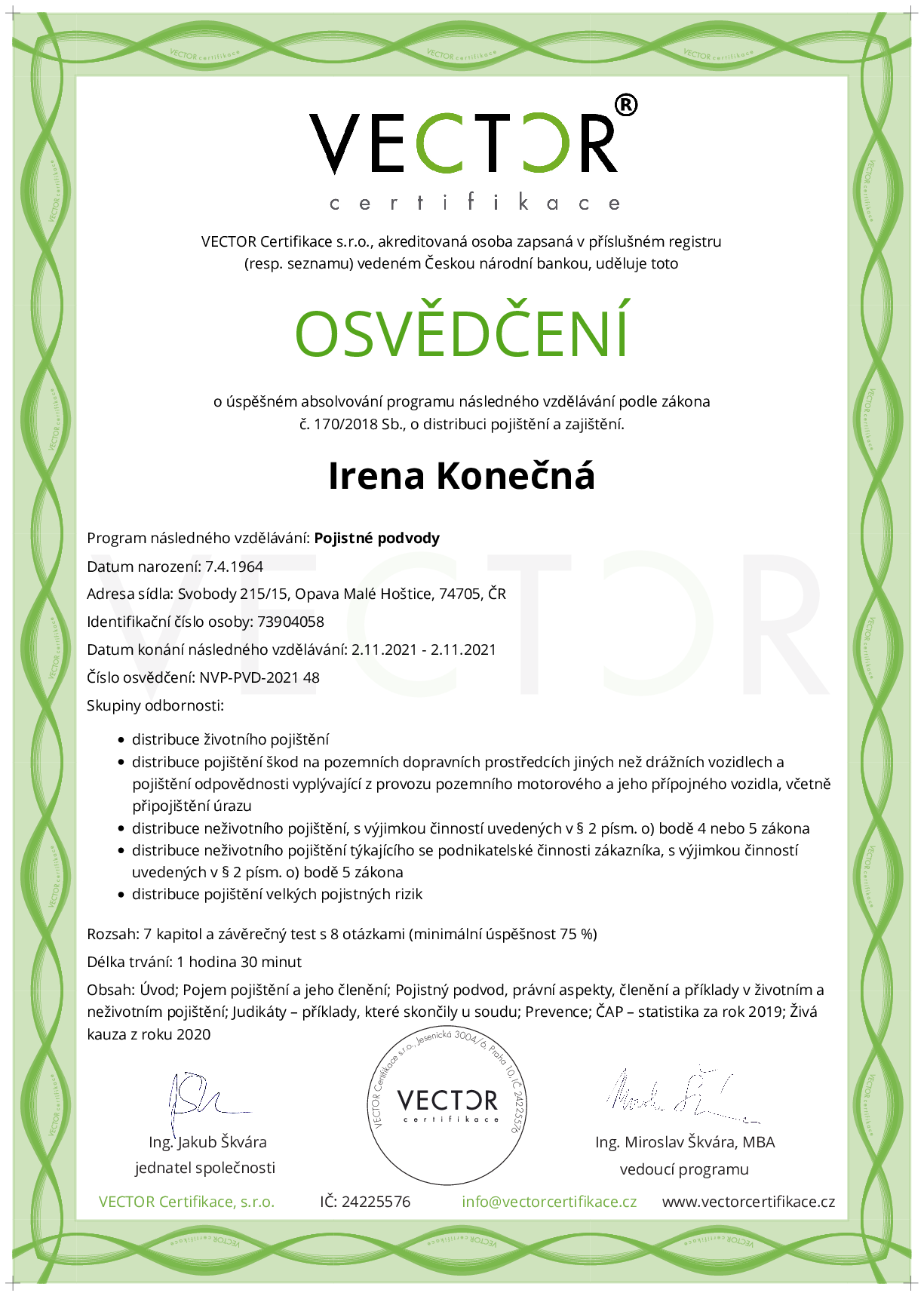 Osvědčení kurzu: Pojistné podvody (NVP-PVD-2021)