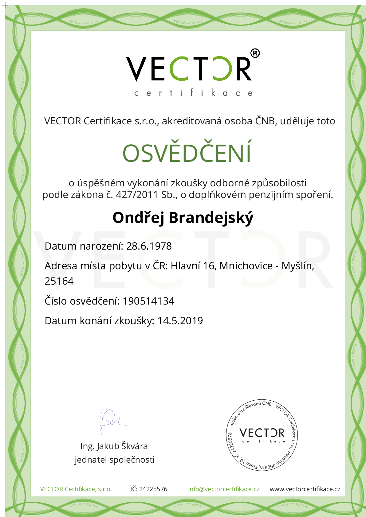 Osvědčení ze zkoušky: DPS - Doplňkové penzijní spoření