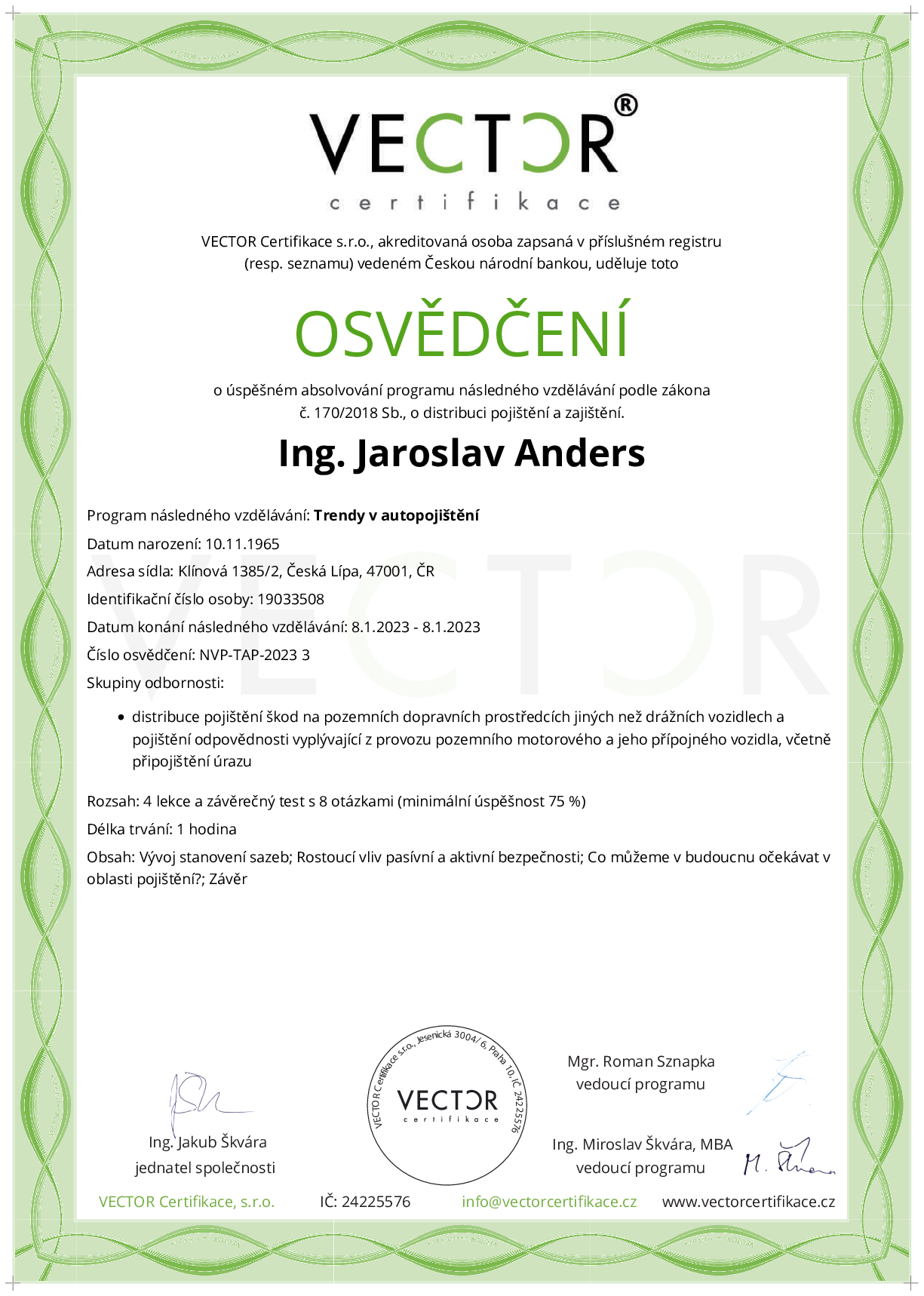 Osvědčení kurzu: Trendy v autopojištění (NVP-TAP-2023)