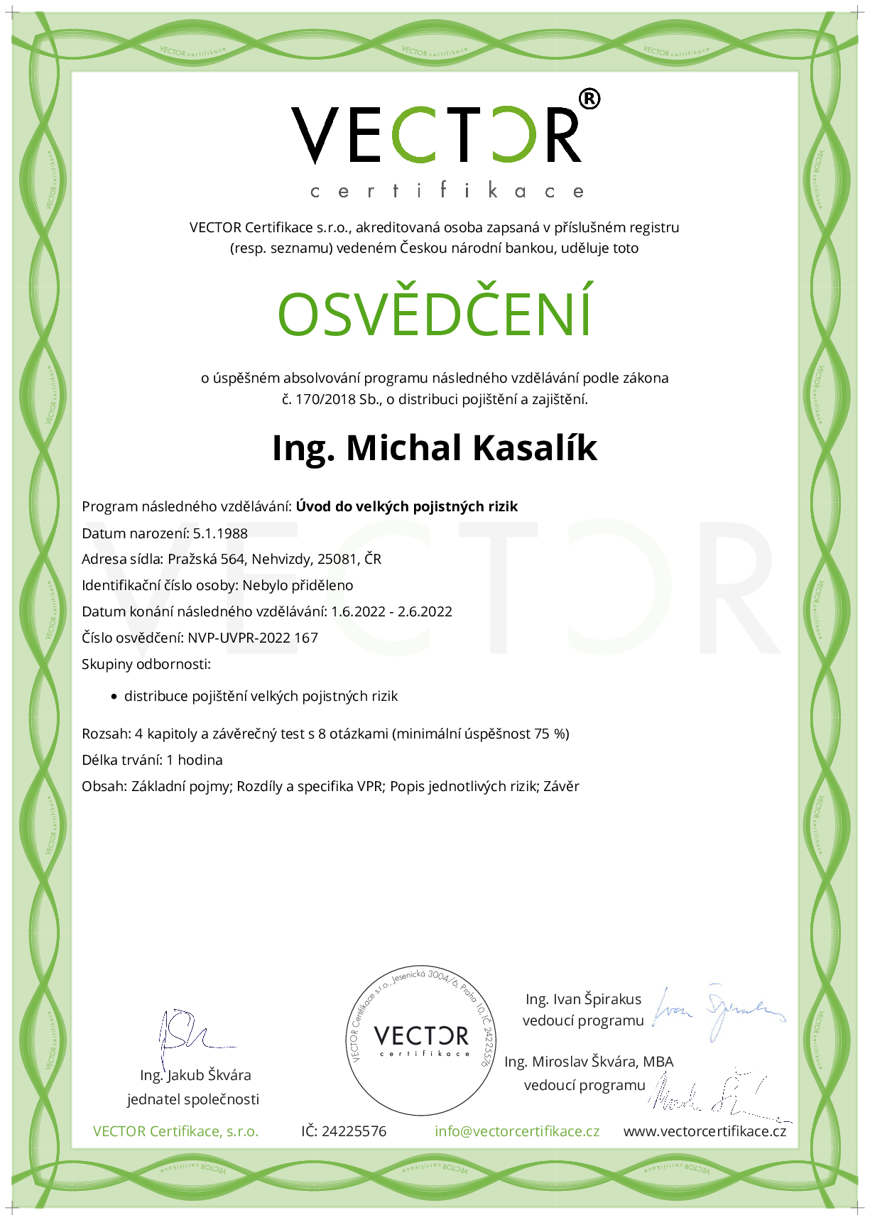 Osvědčení kurzu: Úvod do velkých pojistných rizik (NVP-UVPR-2022)