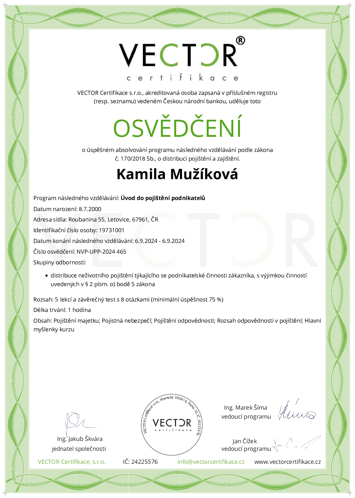 Osvědčení kurzu: Úvod do pojištění podnikatelů (NVP-UPP-2024)