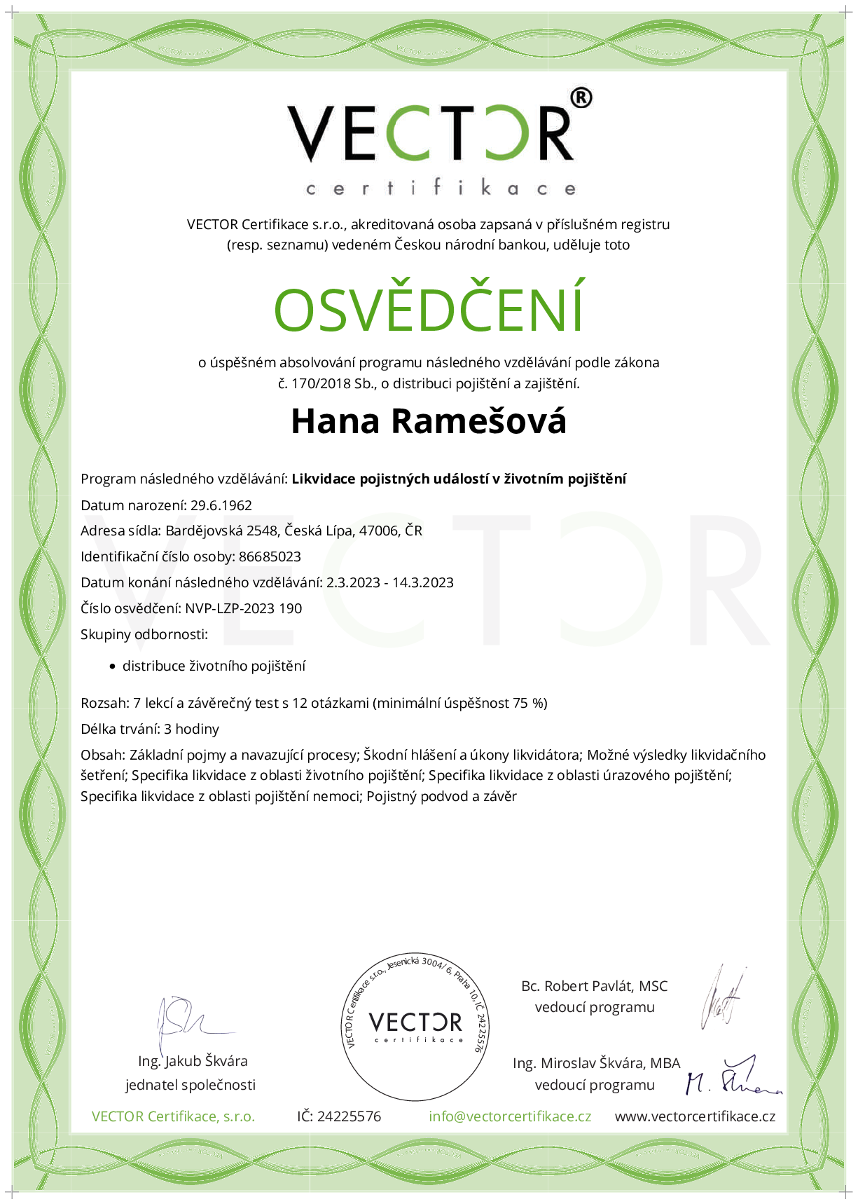 Osvědčení kurzu: Likvidace pojistných událostí v životním pojištění (NVP-LZP-2023)