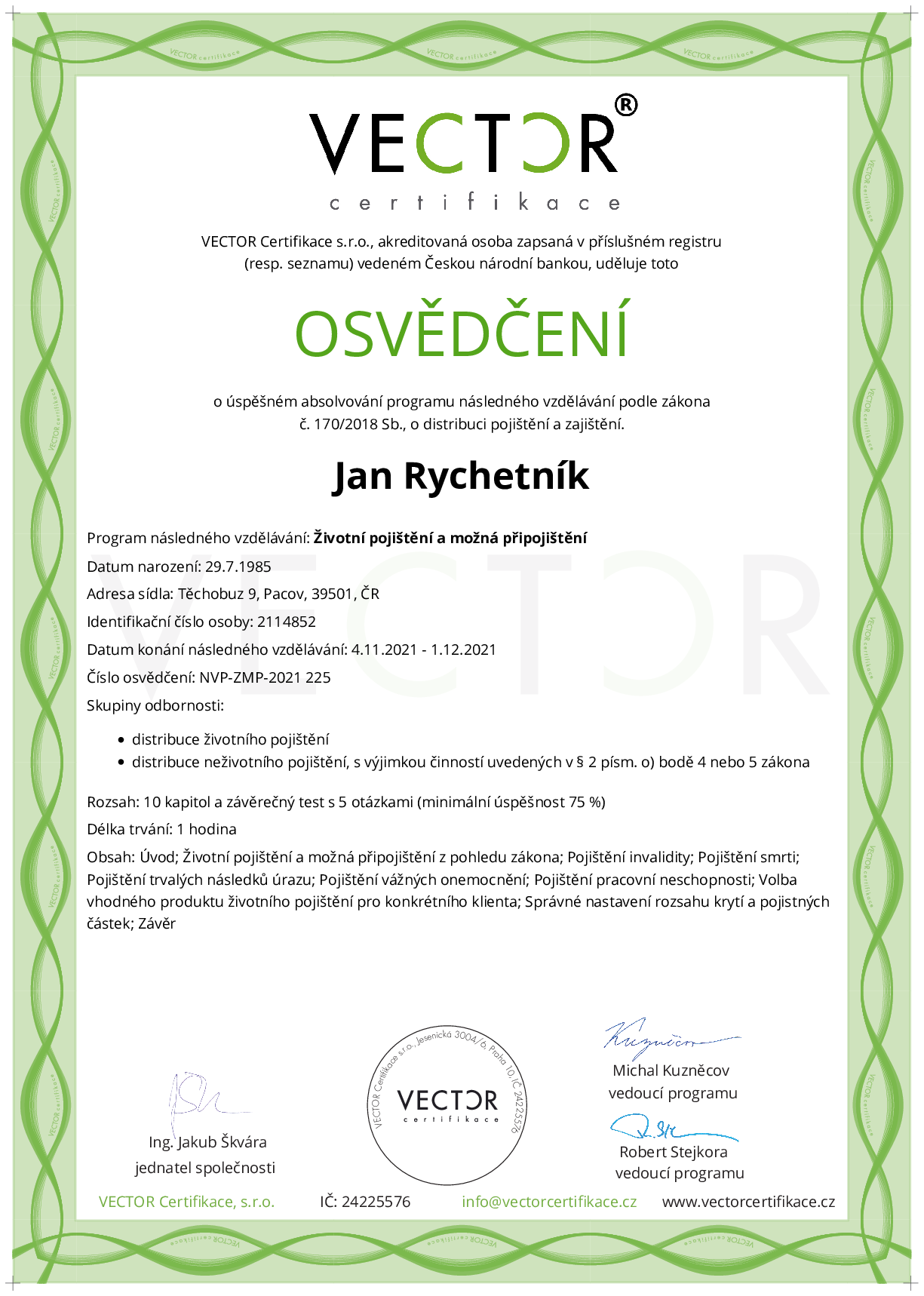 Osvědčení kurzu: Životní pojištění a možná připojištění (NVP-ZMP-2021)