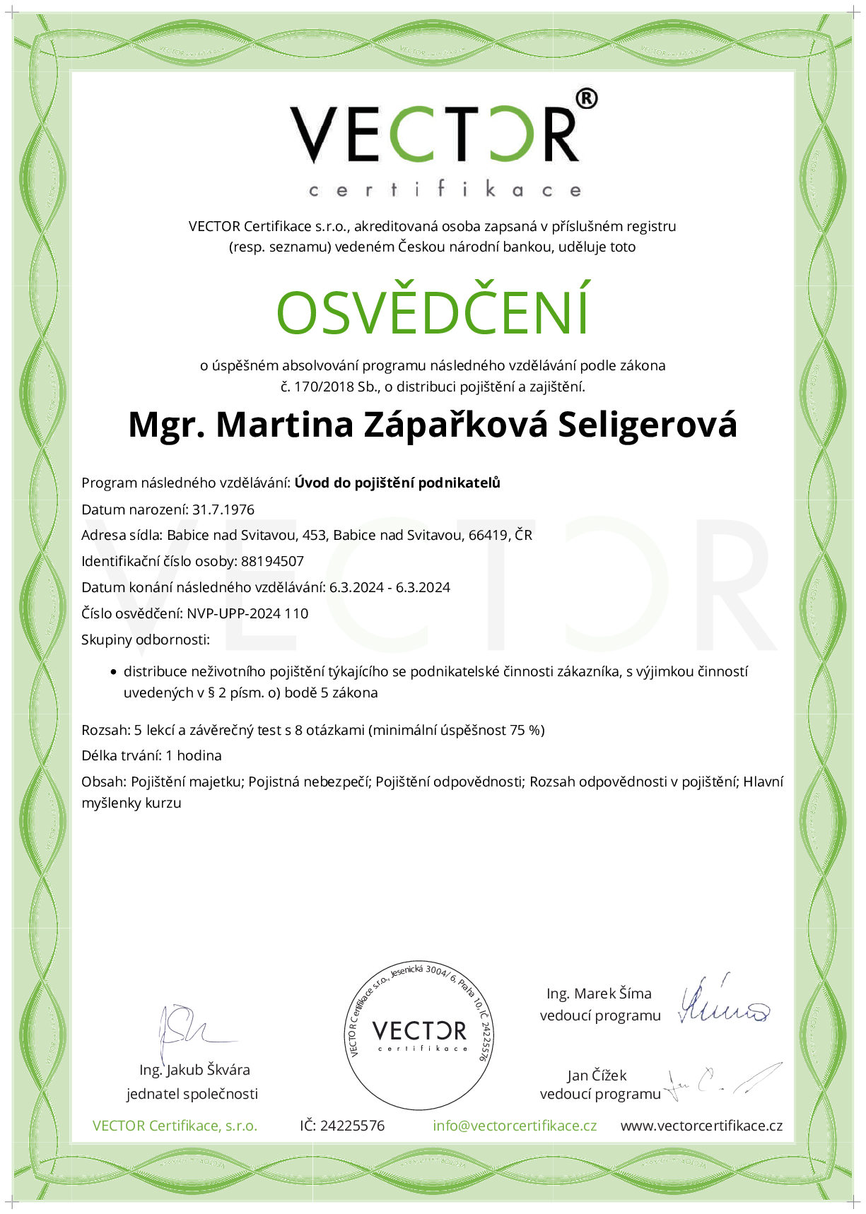 Osvědčení kurzu: Úvod do pojištění podnikatelů (NVP-UPP-2024)