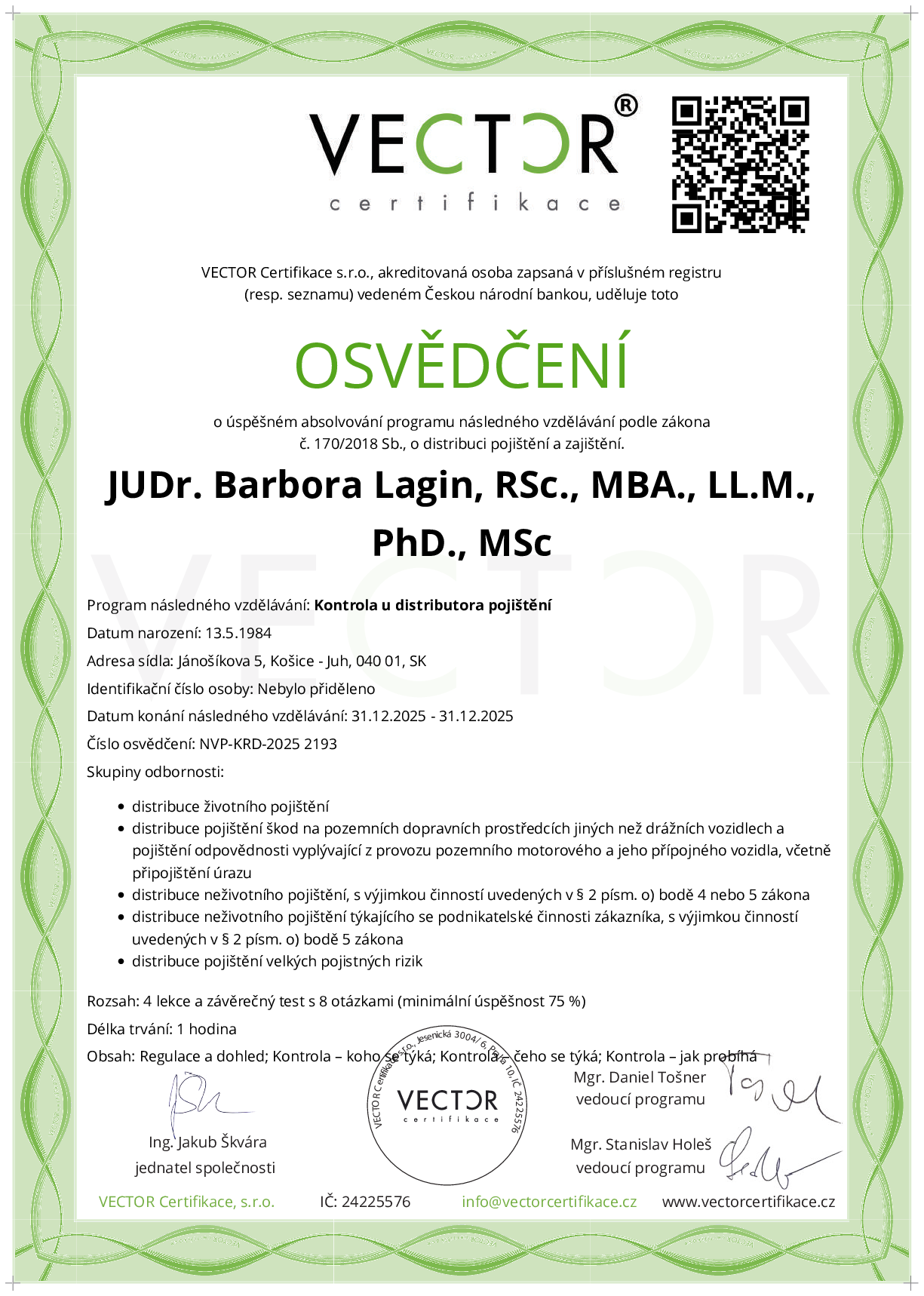 Osvědčení kurzu: Kontrola u distributora pojištění (NVP-KRD-2025)