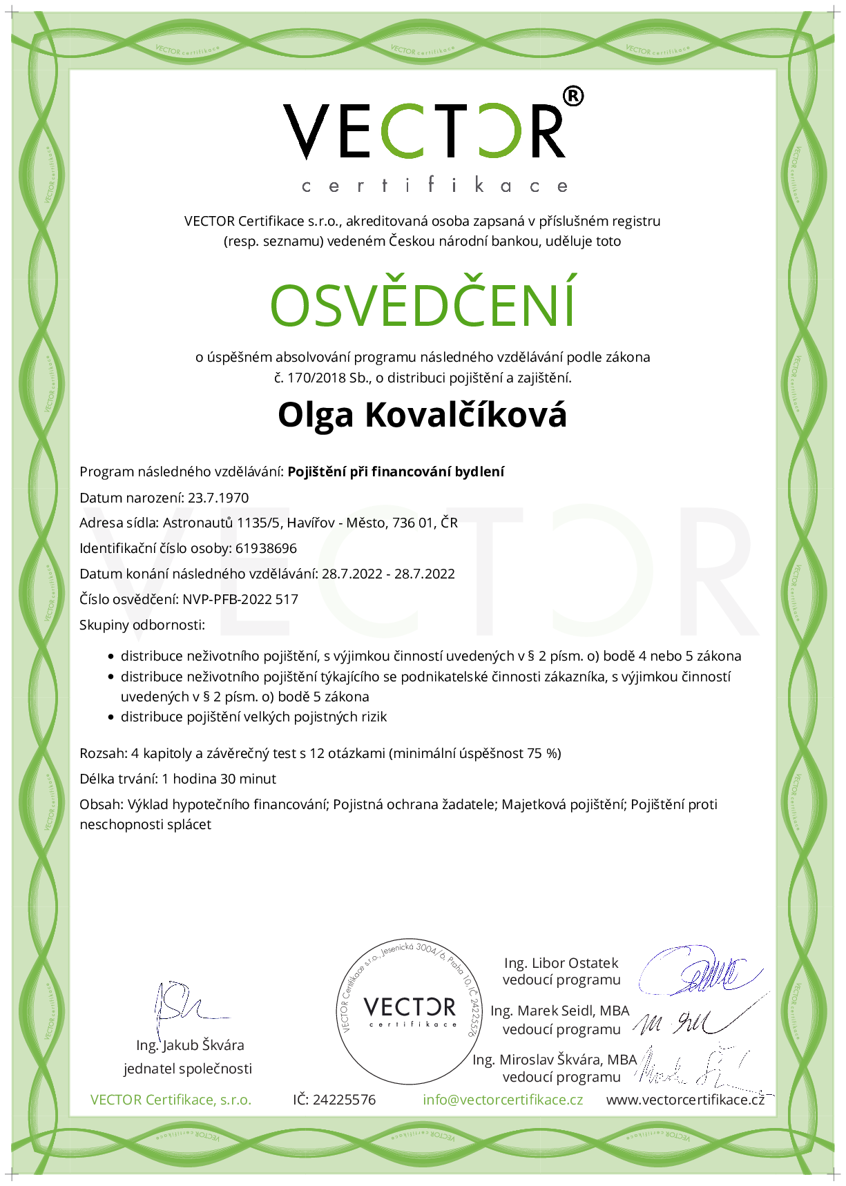 Osvědčení kurzu: Pojištění při financování bydlení (NVP-PFB-2022)